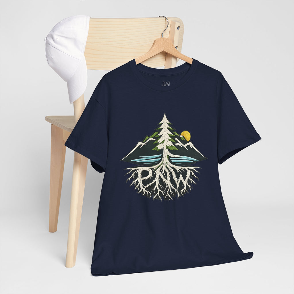 Tree & Roots Mountain T-Shirt — "Rooted in the Pacific Northwest" Nature Graphic Tee