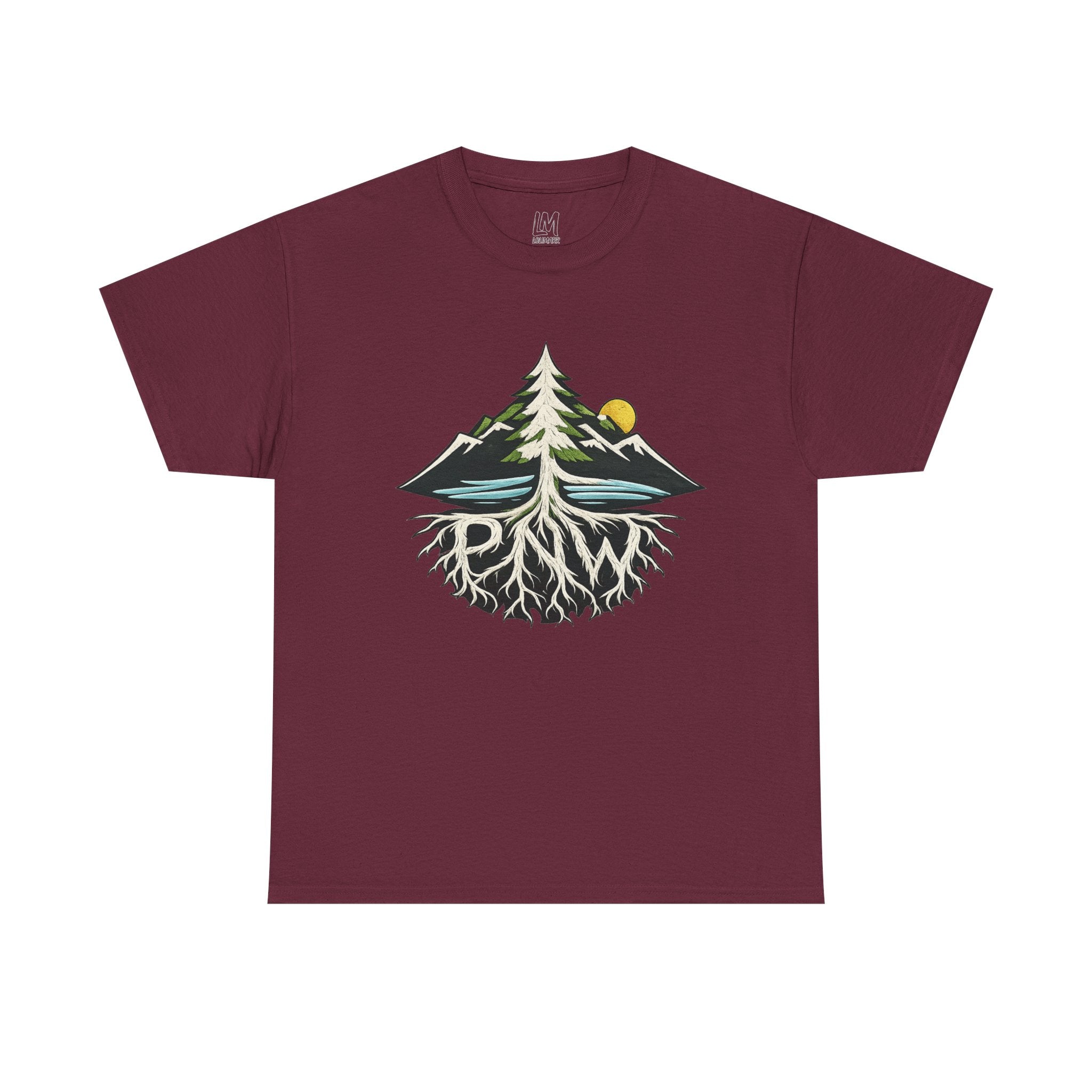 Tree & Roots Mountain T-Shirt — "Rooted in the Pacific Northwest" Nature Graphic Tee