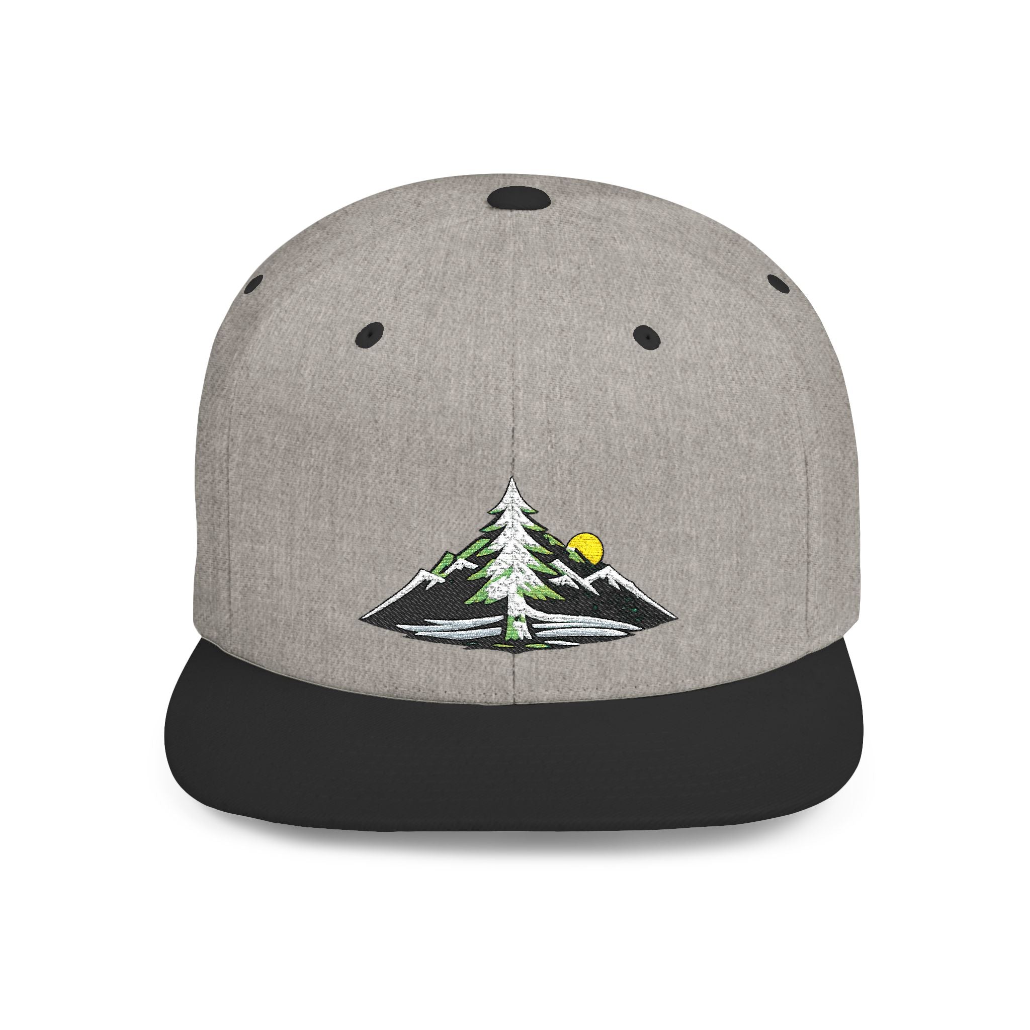 Mountain Sunrise Snapback Hat — Embroidered Pine & Sunrise Flat Bill