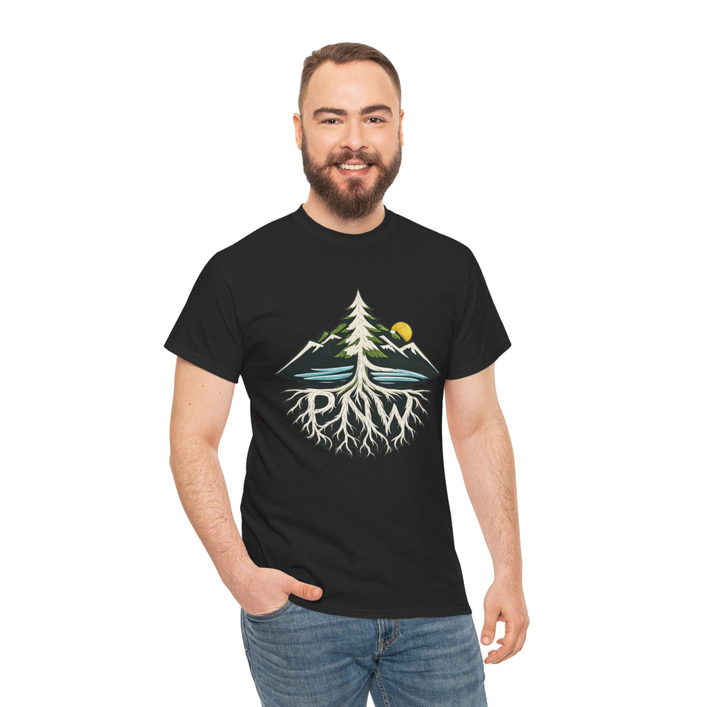 Tree & Roots Mountain T-Shirt — "Rooted in the Pacific Northwest" Nature Graphic Tee
