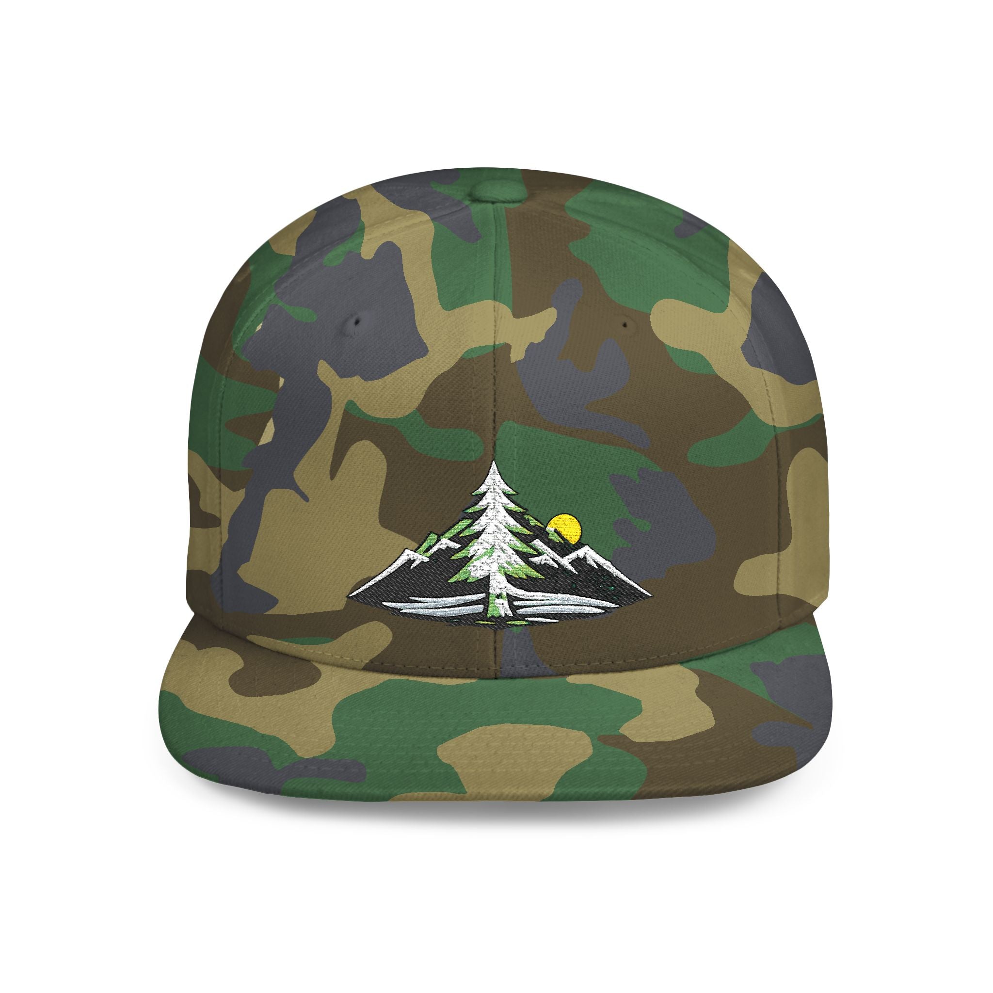 Mountain Sunrise Snapback Hat — Embroidered Pine & Sunrise Flat Bill