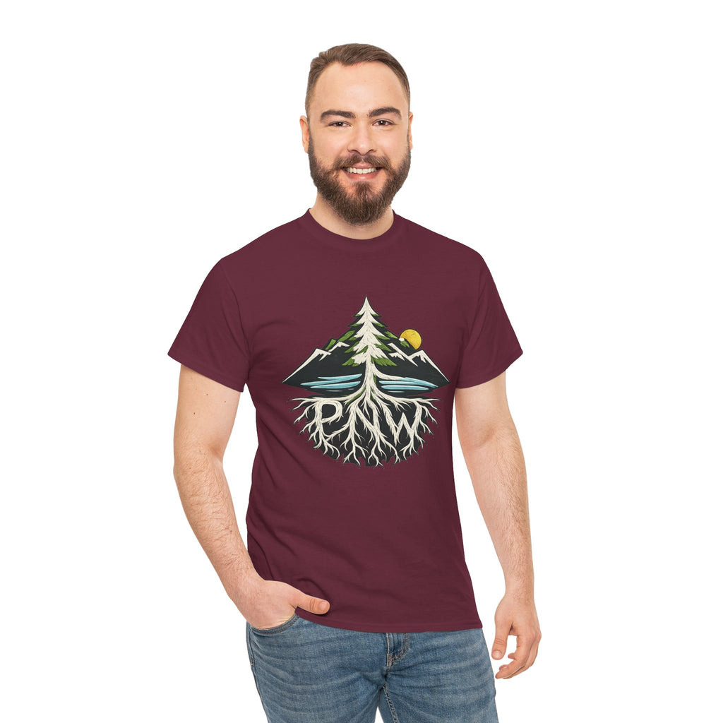 Tree & Roots Mountain T-Shirt — "Rooted in the Pacific Northwest" Nature Graphic Tee