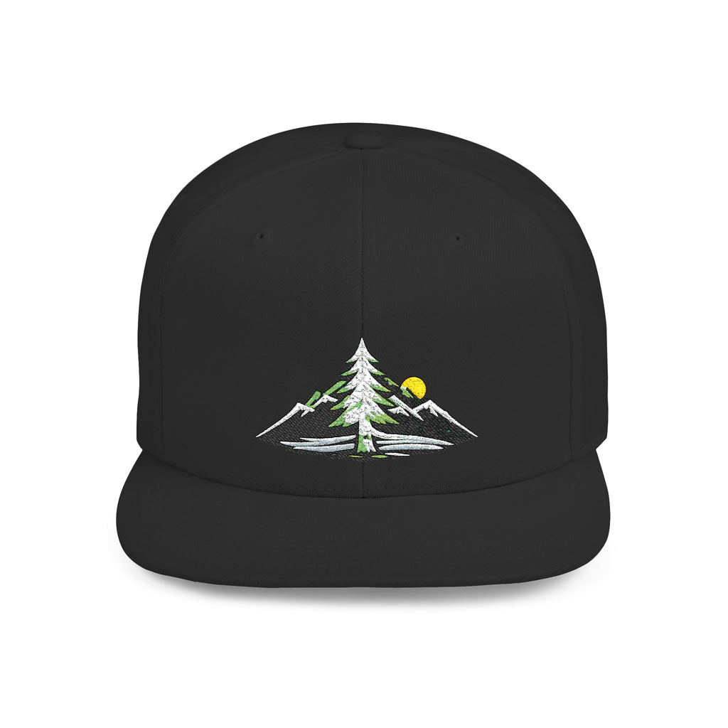 Mountain Sunrise Snapback Hat — Embroidered Pine & Sunrise Flat Bill