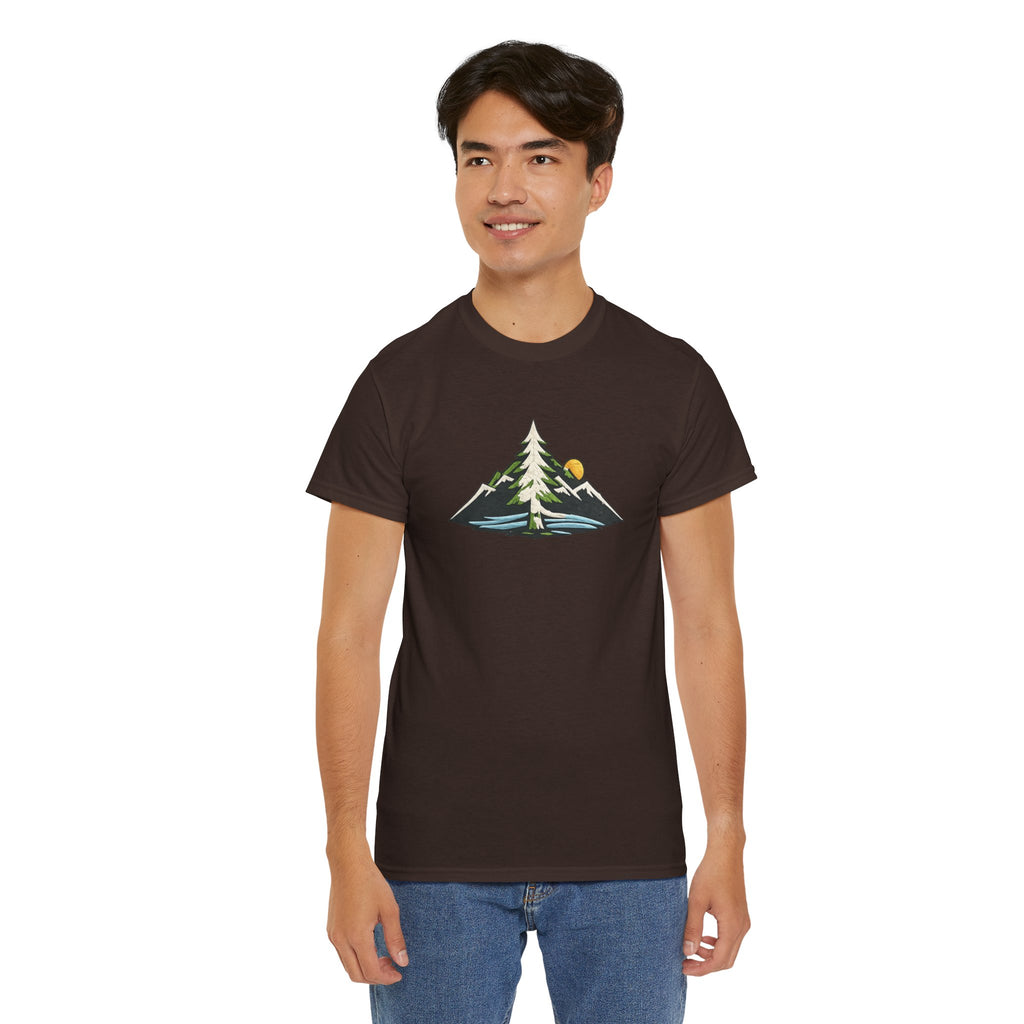 Pacific Northwest Mountain & Tree Tee — Minimal Nature Scenic Shirt