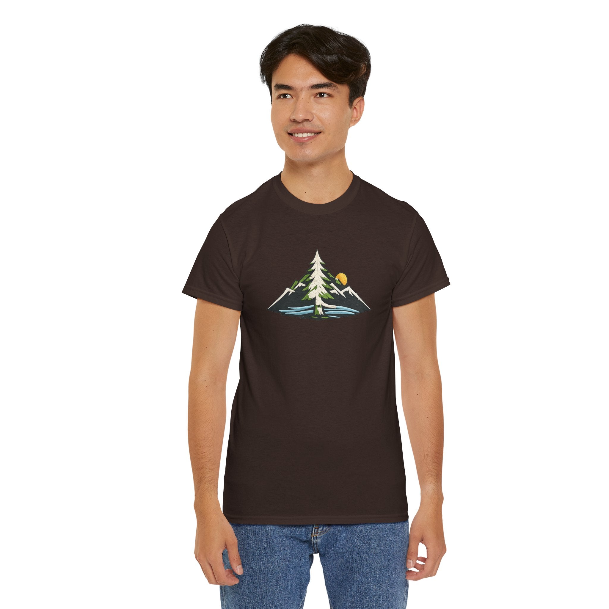 Pacific Northwest Mountain & Tree Tee — Minimal Nature Scenic Shirt