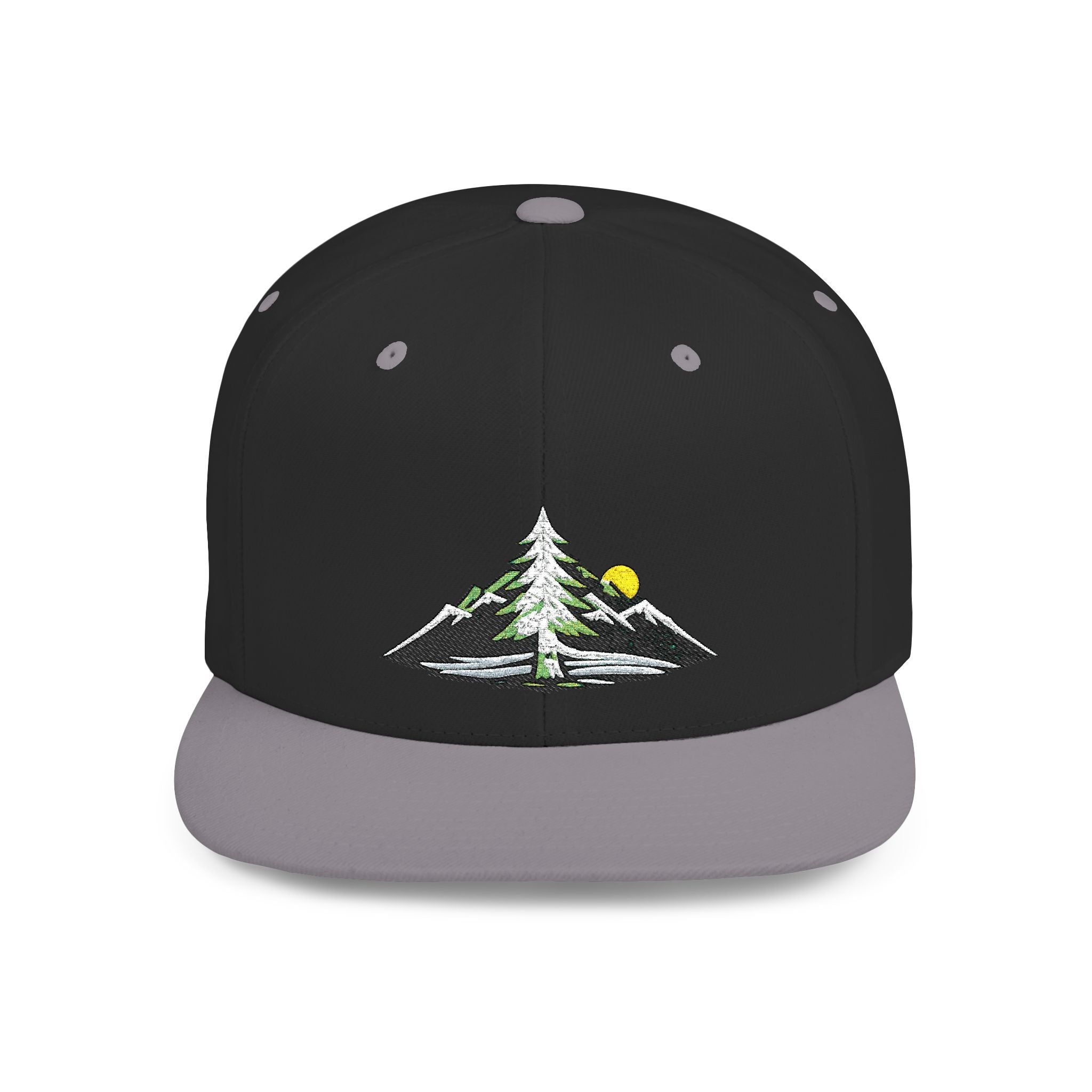 Mountain Sunrise Snapback Hat — Embroidered Pine & Sunrise Flat Bill