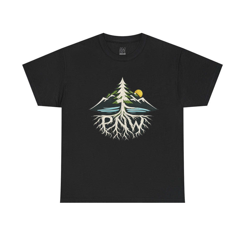 Tree & Roots Mountain T-Shirt — "Rooted in the Pacific Northwest" Nature Graphic Tee