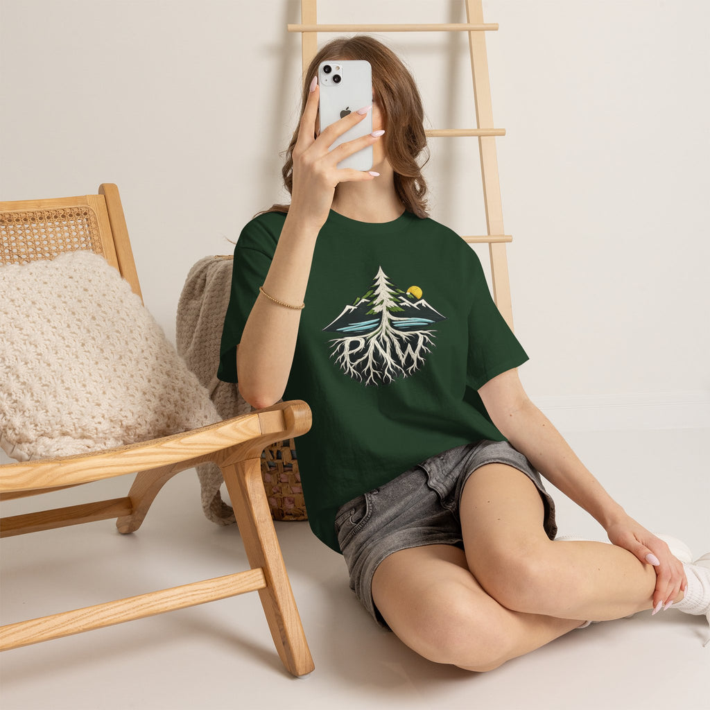 Tree & Roots Mountain T-Shirt — "Rooted in the Pacific Northwest" Nature Graphic Tee