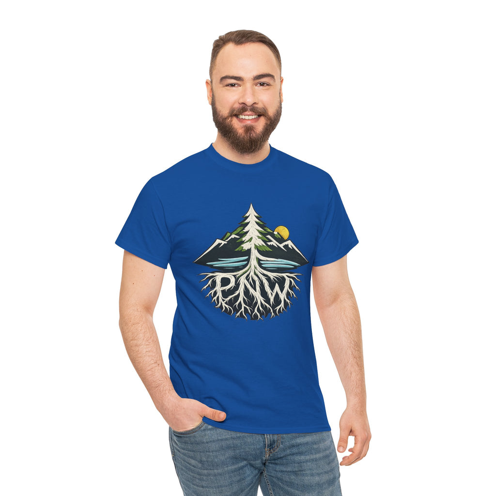 Tree & Roots Mountain T-Shirt — "Rooted in the Pacific Northwest" Nature Graphic Tee