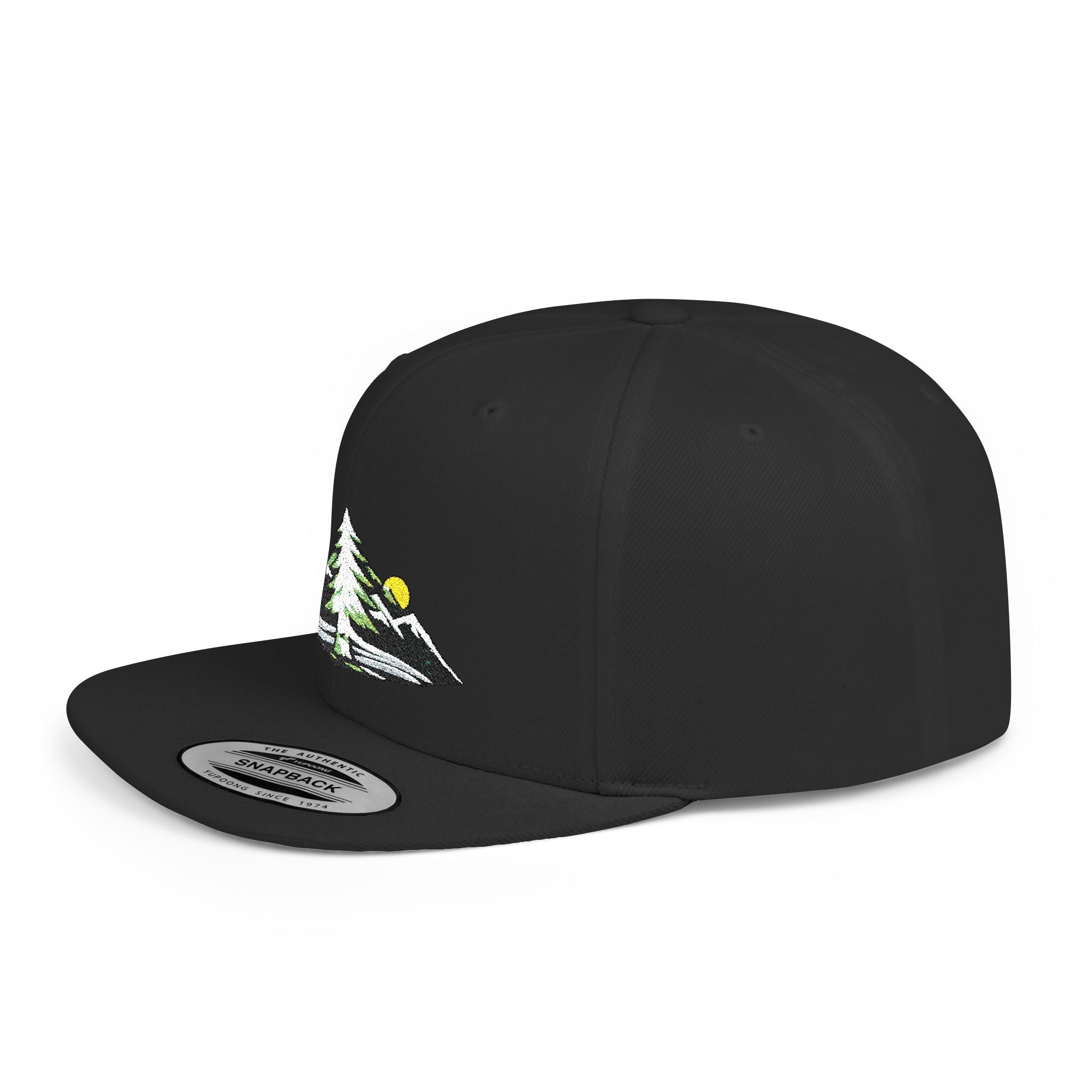 Mountain Sunrise Snapback Hat — Embroidered Pine & Sunrise Flat Bill