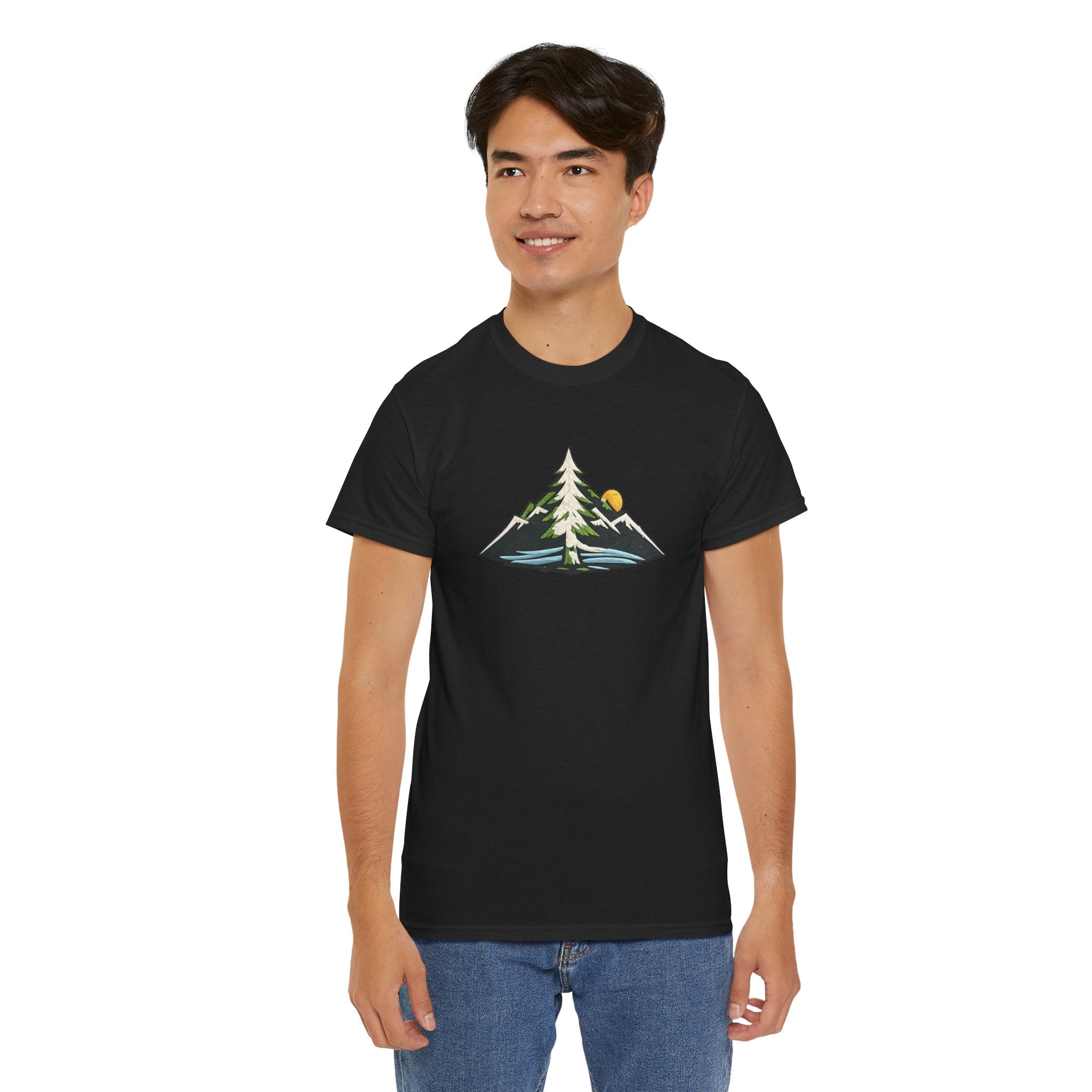 Pacific Northwest Mountain & Tree Tee — Minimal Nature Scenic Shirt