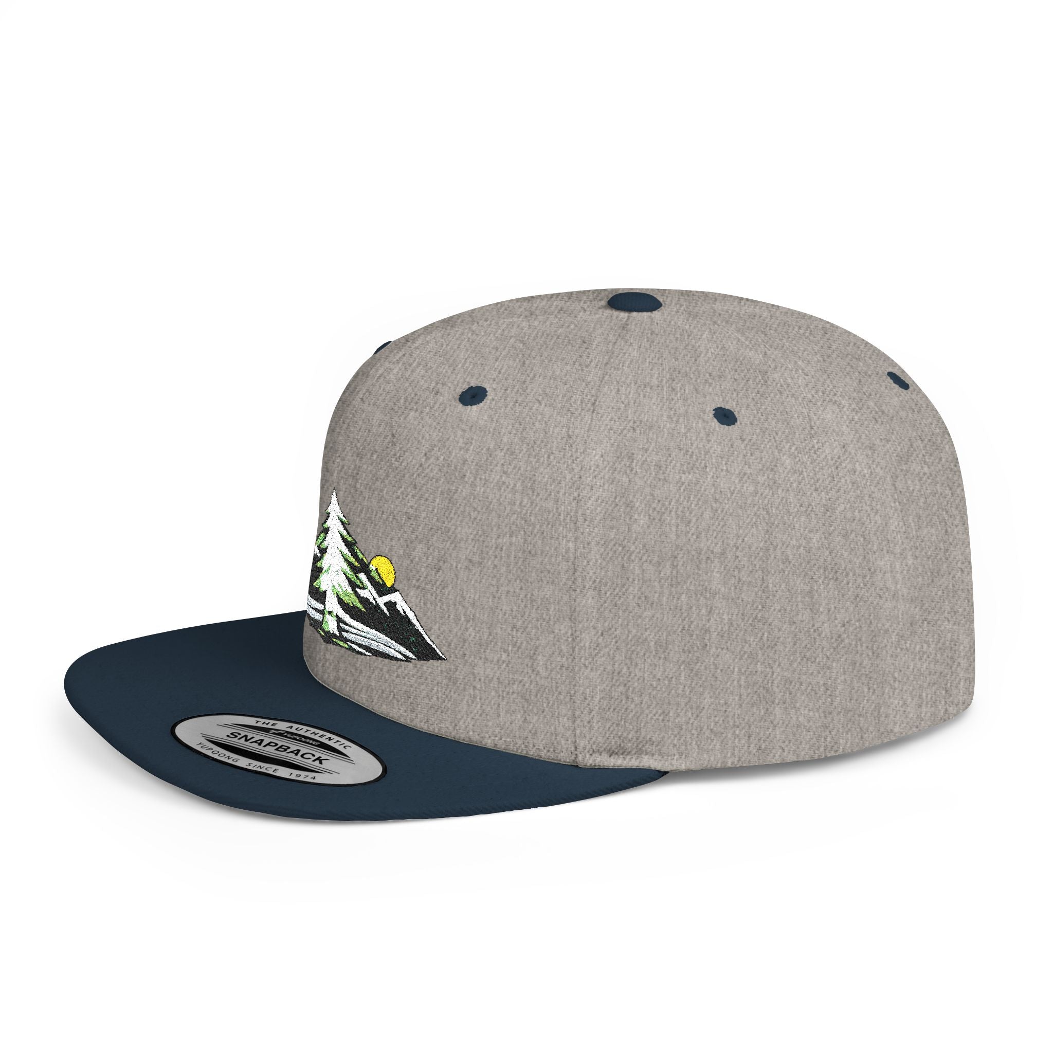 Mountain Sunrise Snapback Hat — Embroidered Pine & Sunrise Flat Bill