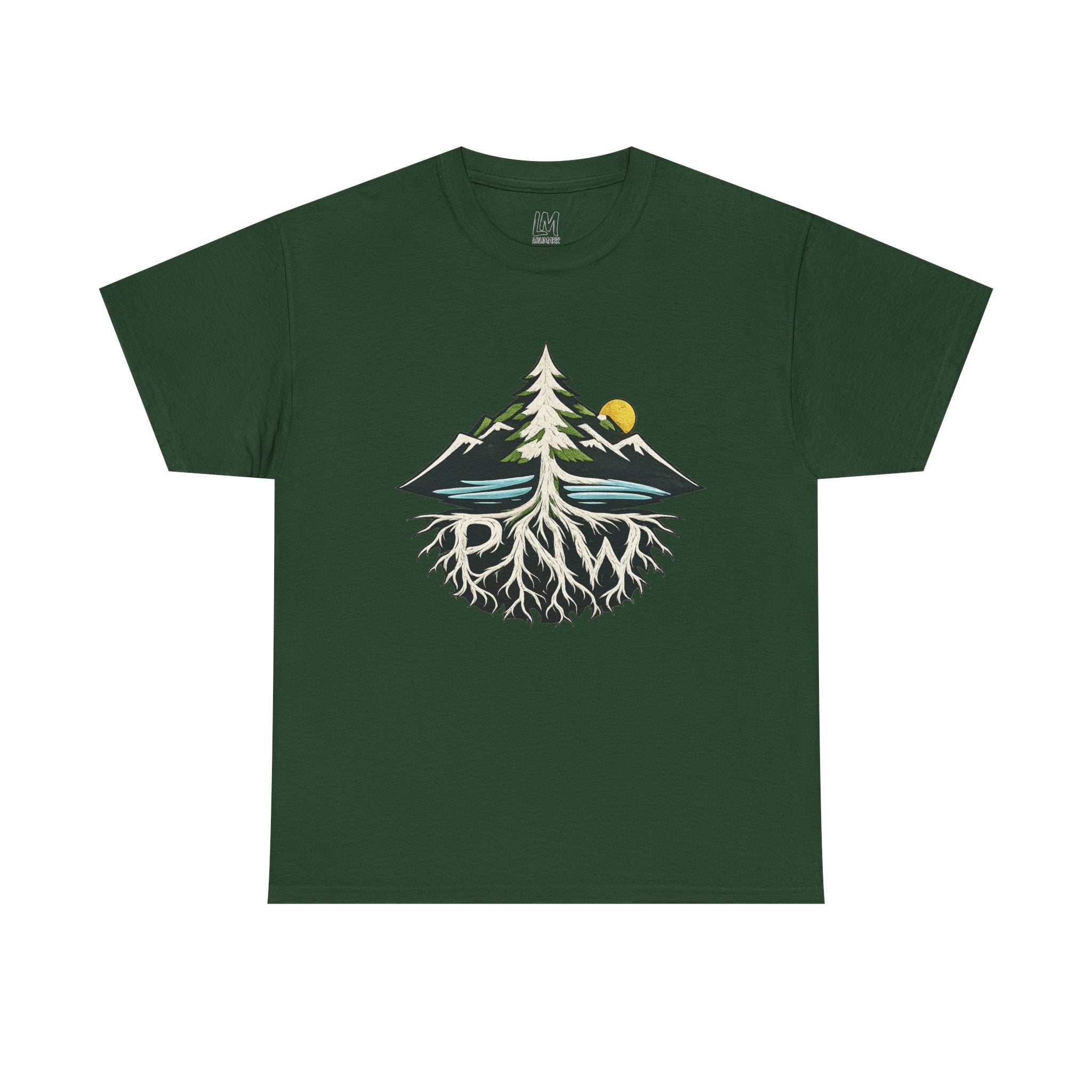 Tree & Roots Mountain T-Shirt — "Rooted in the Pacific Northwest" Nature Graphic Tee