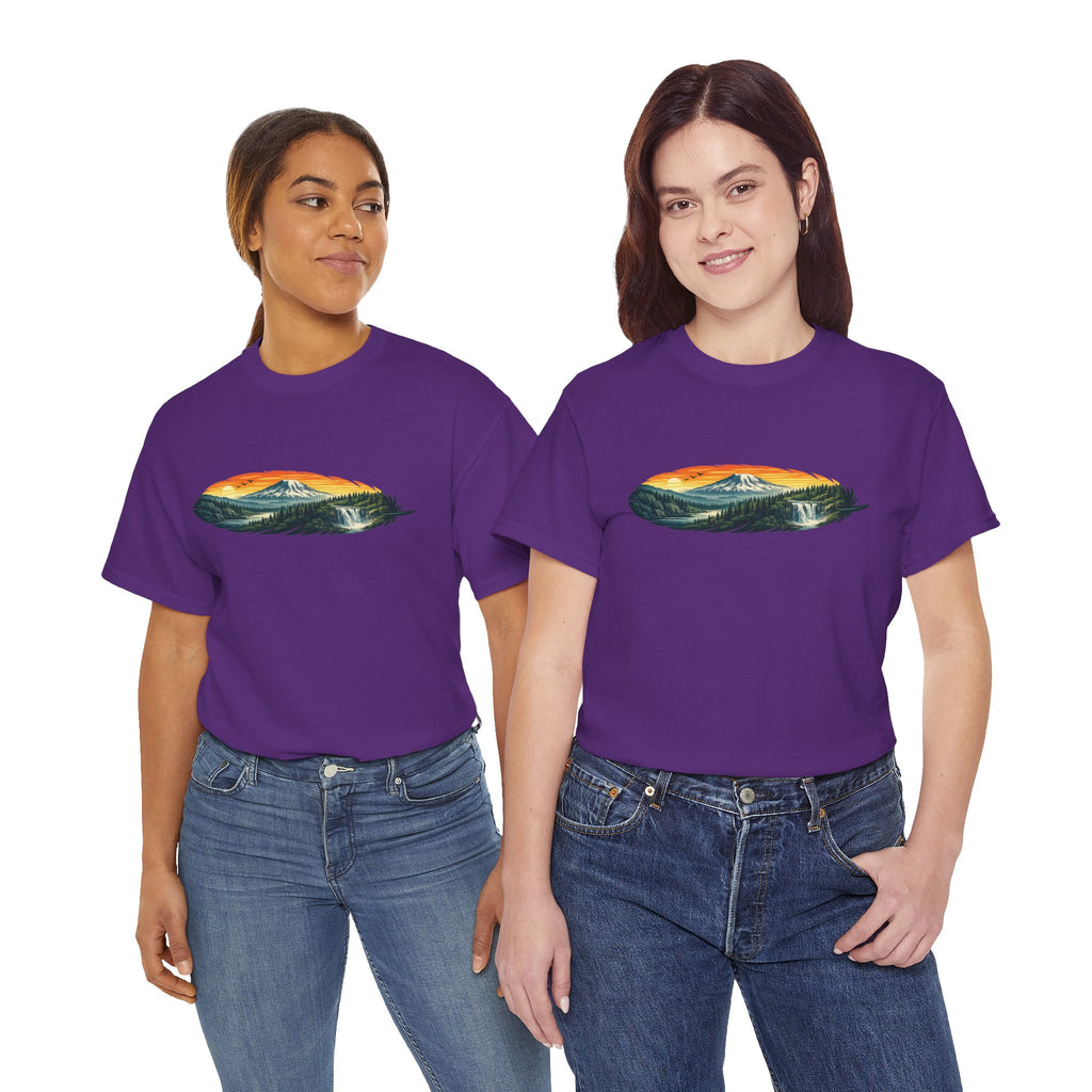 Mount Rainier & Snoqualmie Falls Sunset T-Shirt — Scenic Mountain Landscape Tee