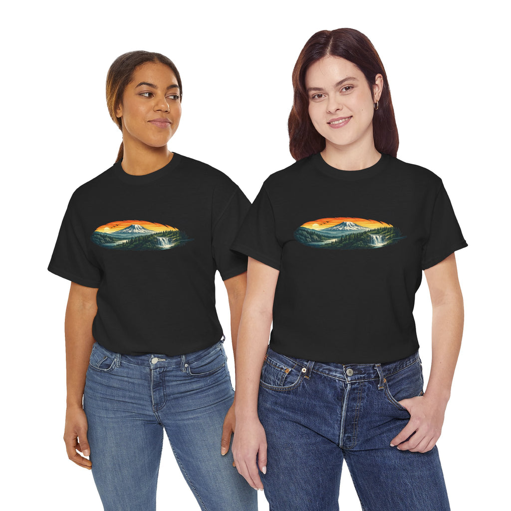 Mount Rainier & Snoqualmie Falls Sunset T-Shirt — Scenic Mountain Landscape Tee
