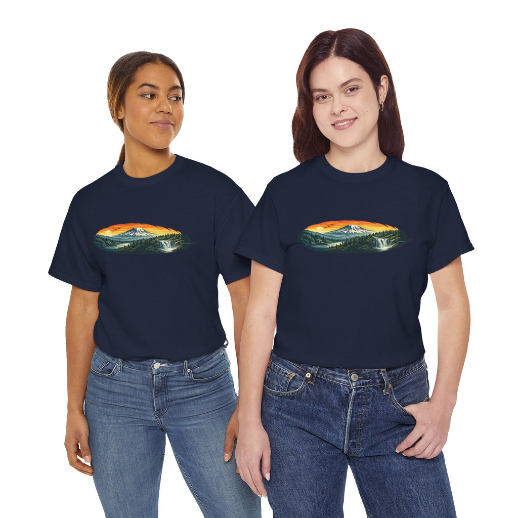 Mount Rainier & Snoqualmie Falls Sunset T-Shirt — Scenic Mountain Landscape Tee
