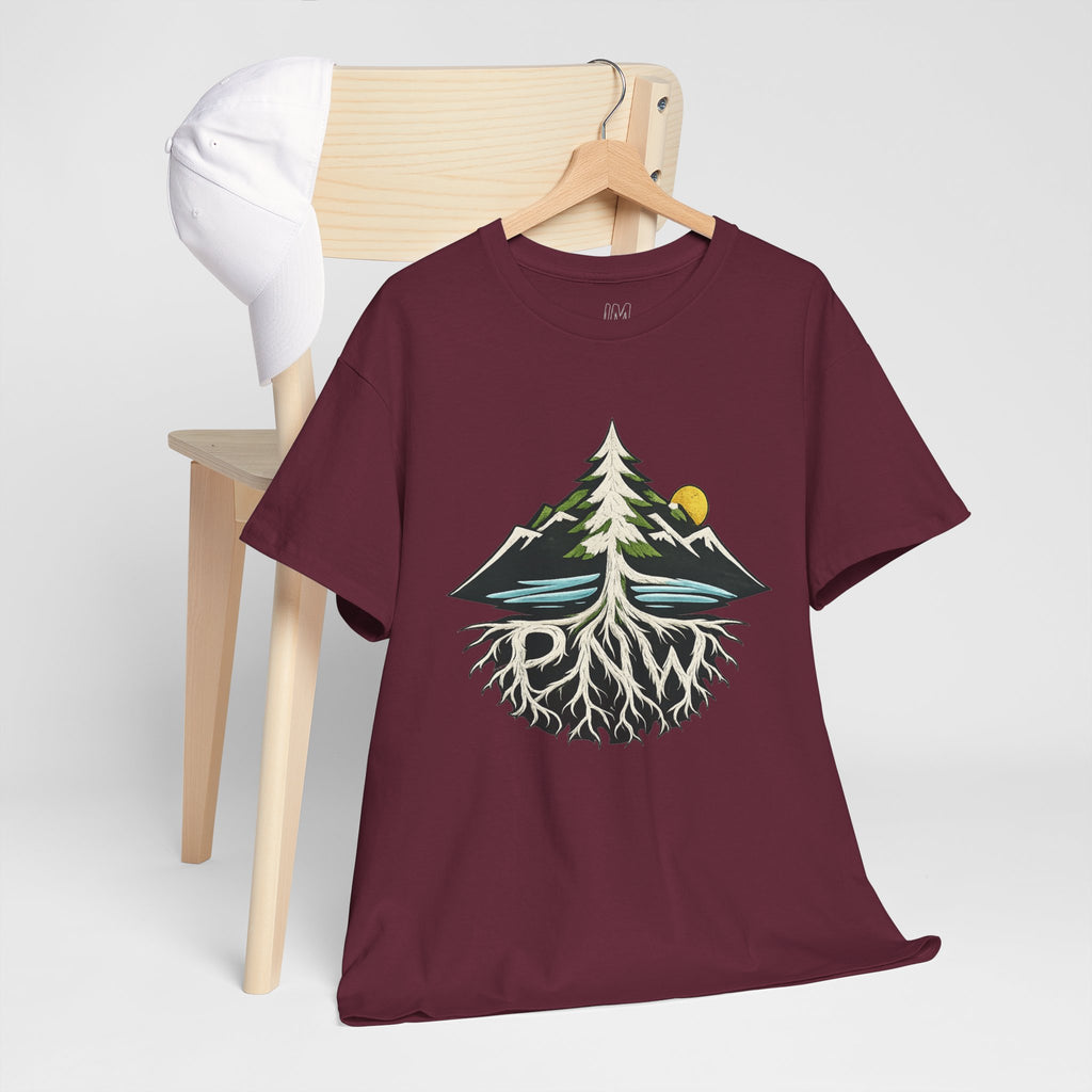 Tree & Roots Mountain T-Shirt — "Rooted in the Pacific Northwest" Nature Graphic Tee