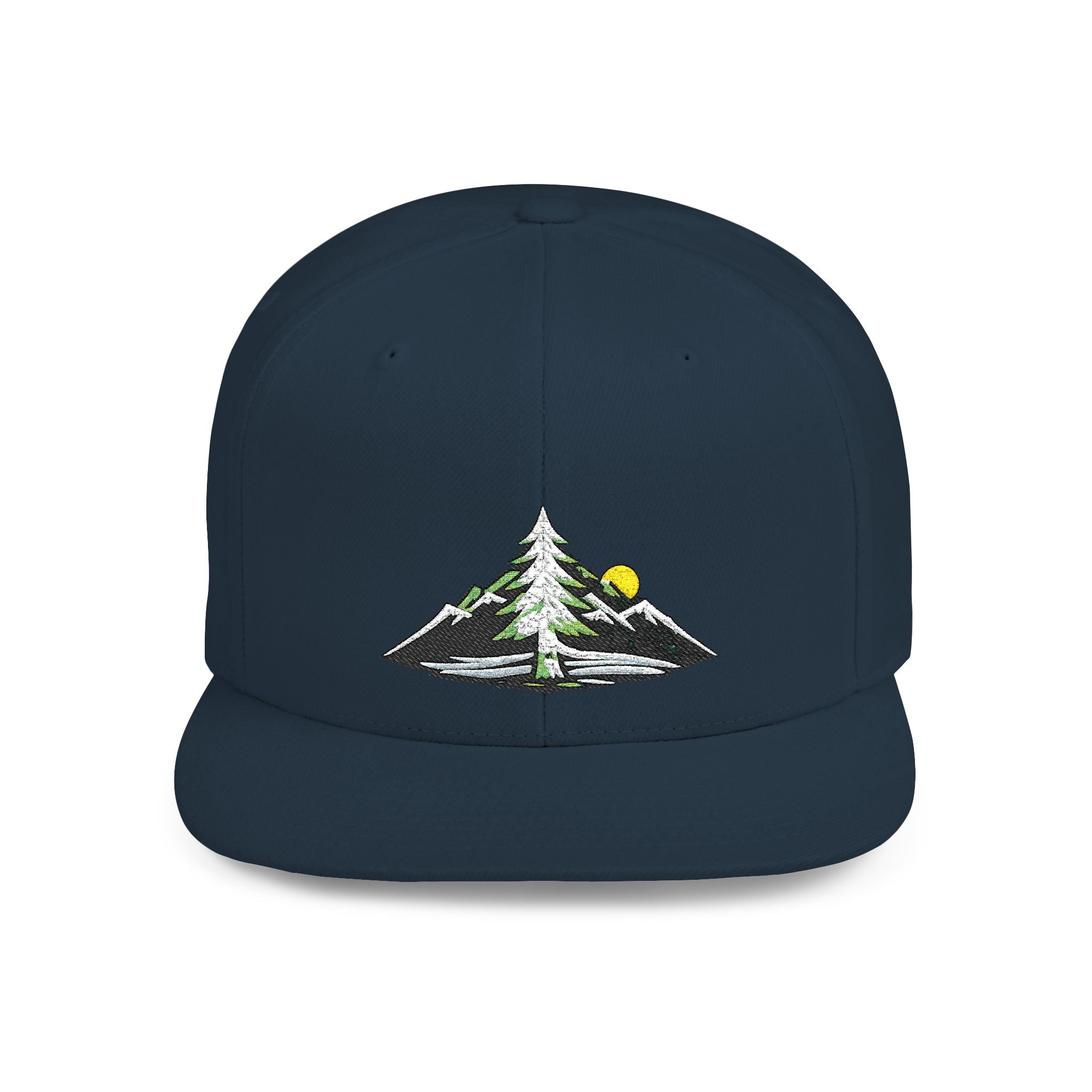 Mountain Sunrise Snapback Hat — Embroidered Pine & Sunrise Flat Bill