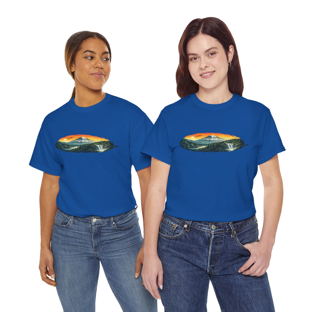 Mount Rainier & Snoqualmie Falls Sunset T-Shirt — Scenic Mountain Landscape Tee