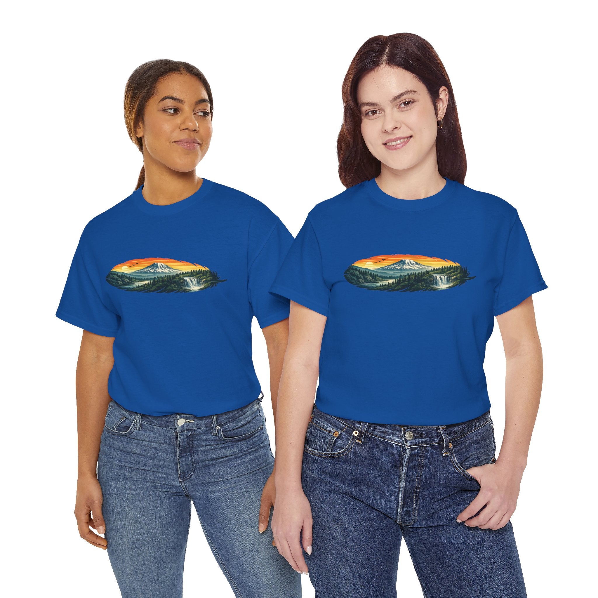 Mount Rainier & Snoqualmie Falls Sunset T-Shirt — Scenic Mountain Landscape Tee