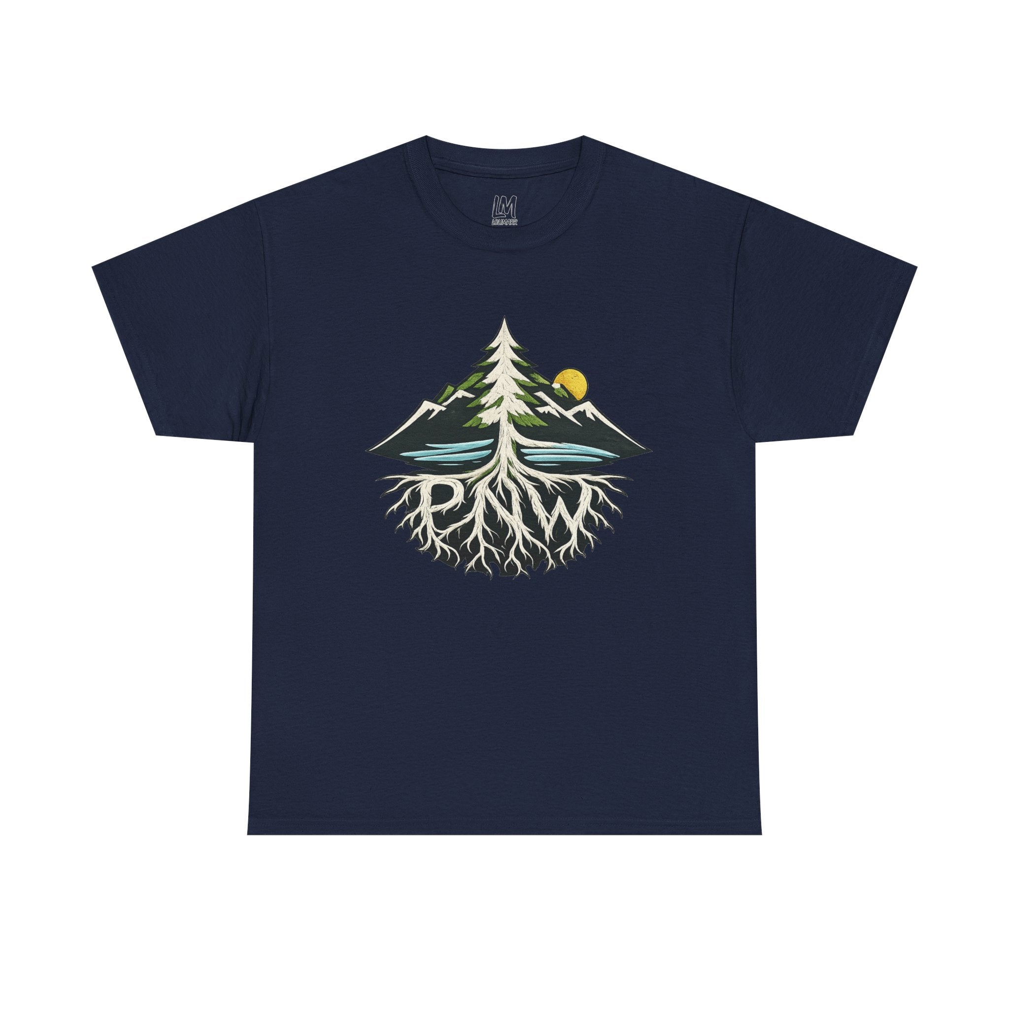 Tree & Roots Mountain T-Shirt — "Rooted in the Pacific Northwest" Nature Graphic Tee