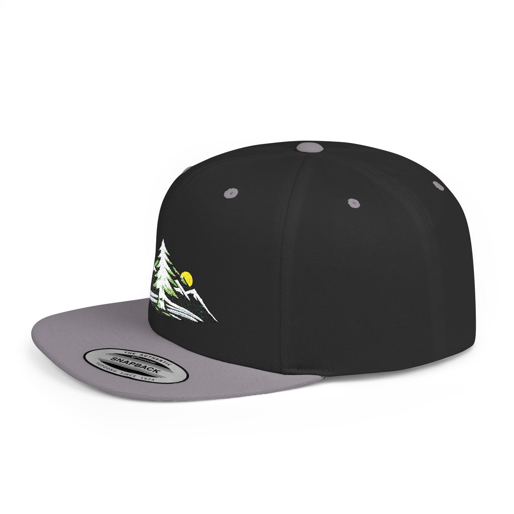 Mountain Sunrise Snapback Hat — Embroidered Pine & Sunrise Flat Bill