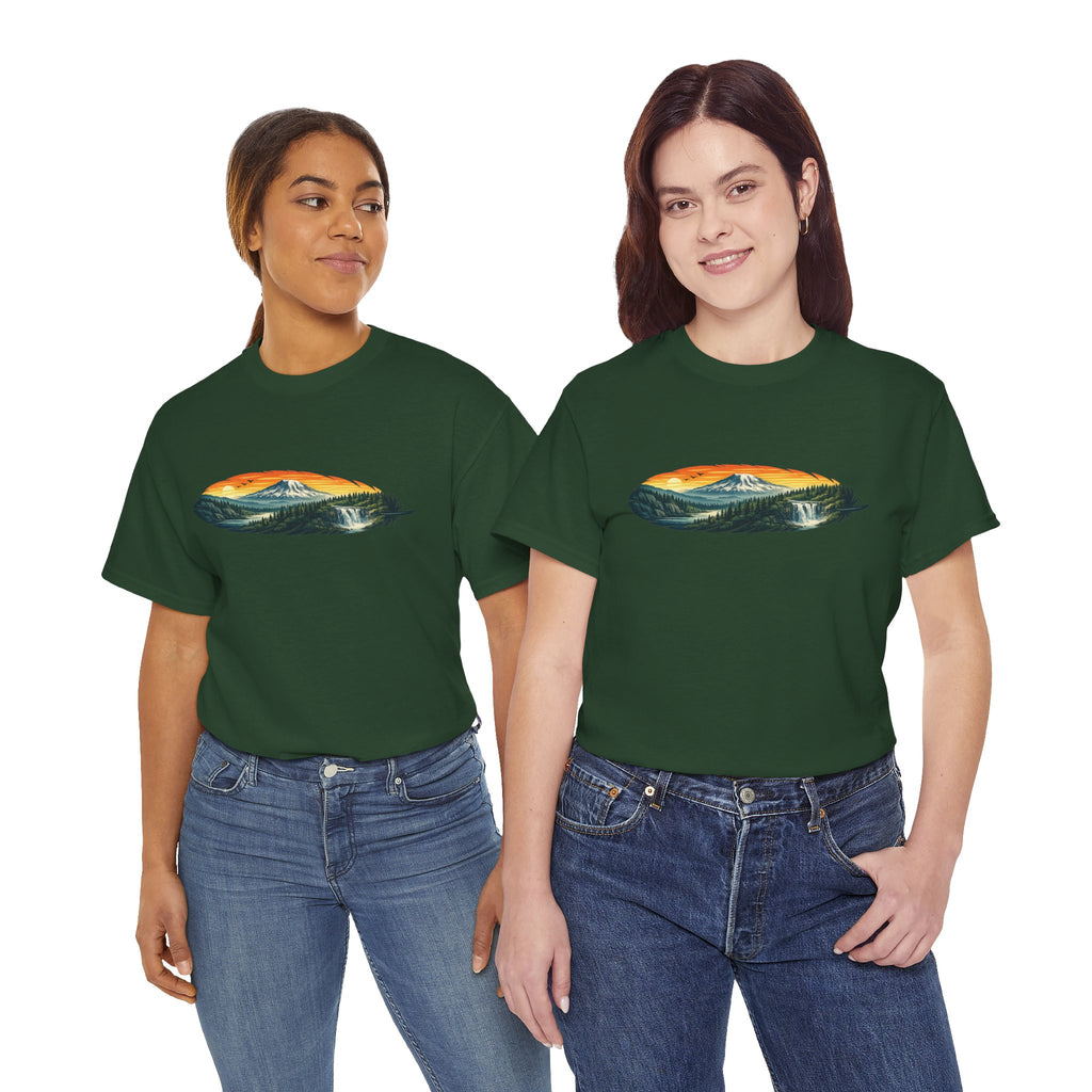 Mount Rainier & Snoqualmie Falls Sunset T-Shirt — Scenic Mountain Landscape Tee