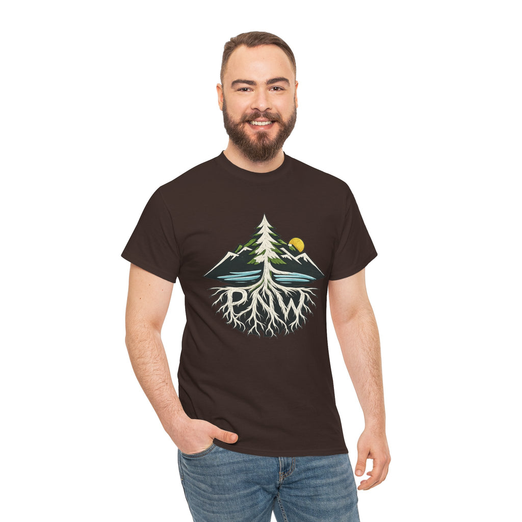 Tree & Roots Mountain T-Shirt — "Rooted in the Pacific Northwest" Nature Graphic Tee