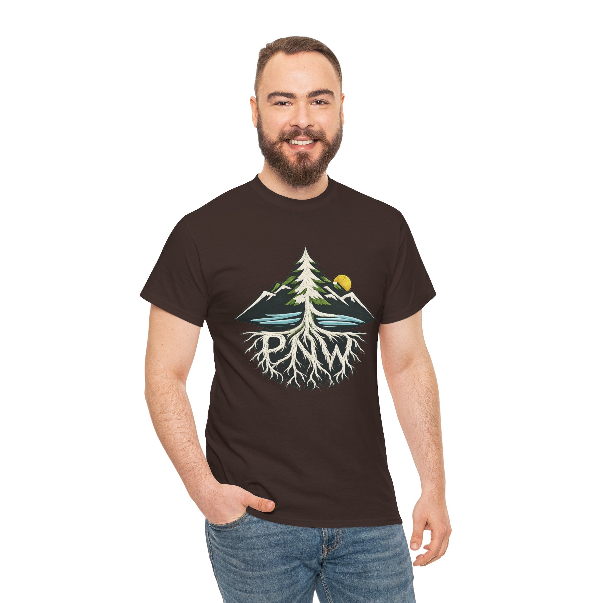 Tree & Roots Mountain T-Shirt — "Rooted in the Pacific Northwest" Nature Graphic Tee