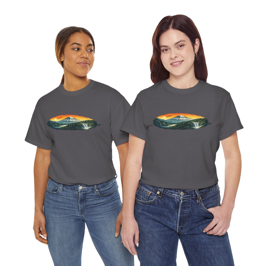 Mount Rainier & Snoqualmie Falls Sunset T-Shirt — Scenic Mountain Landscape Tee