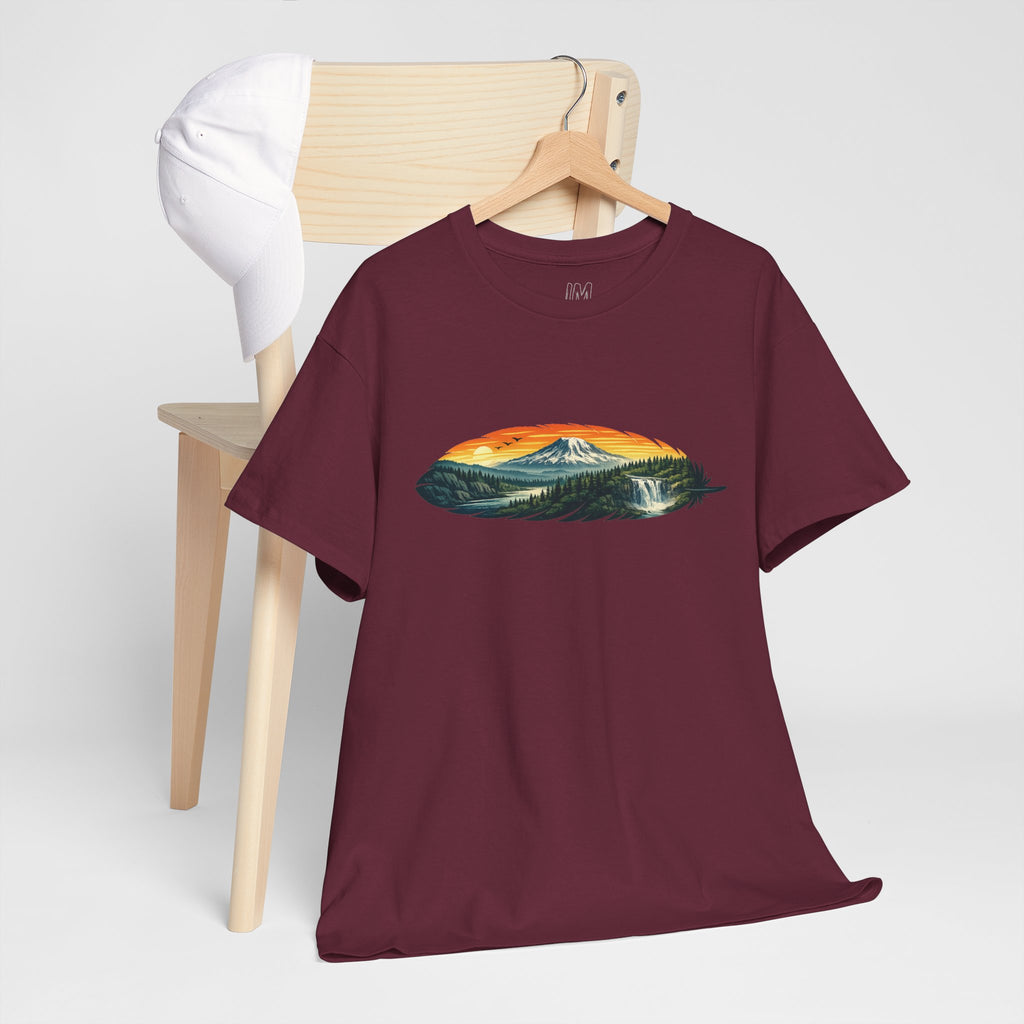 Mount Rainier & Snoqualmie Falls Sunset T-Shirt — Scenic Mountain Landscape Tee