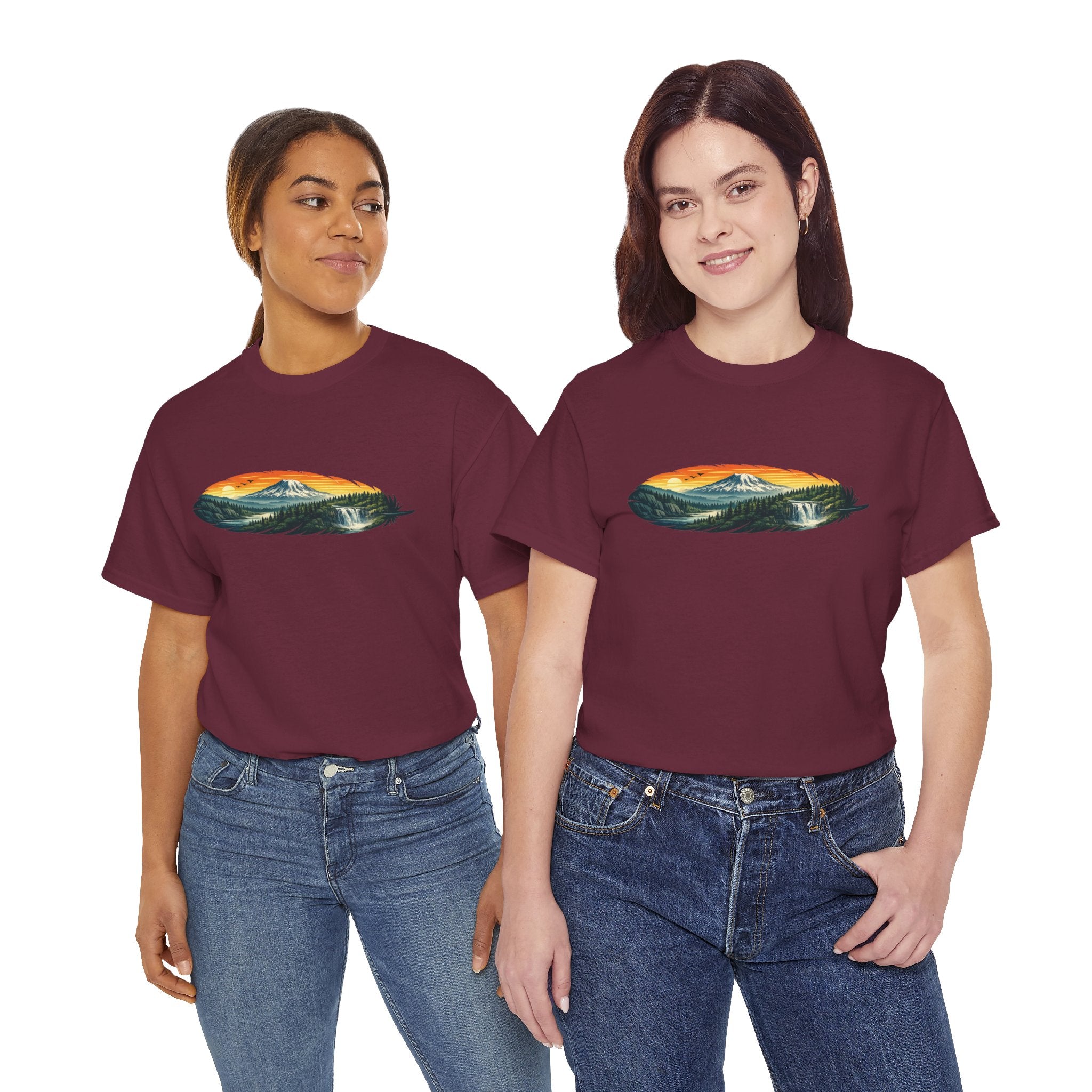 Mount Rainier & Snoqualmie Falls Sunset T-Shirt — Scenic Mountain Landscape Tee