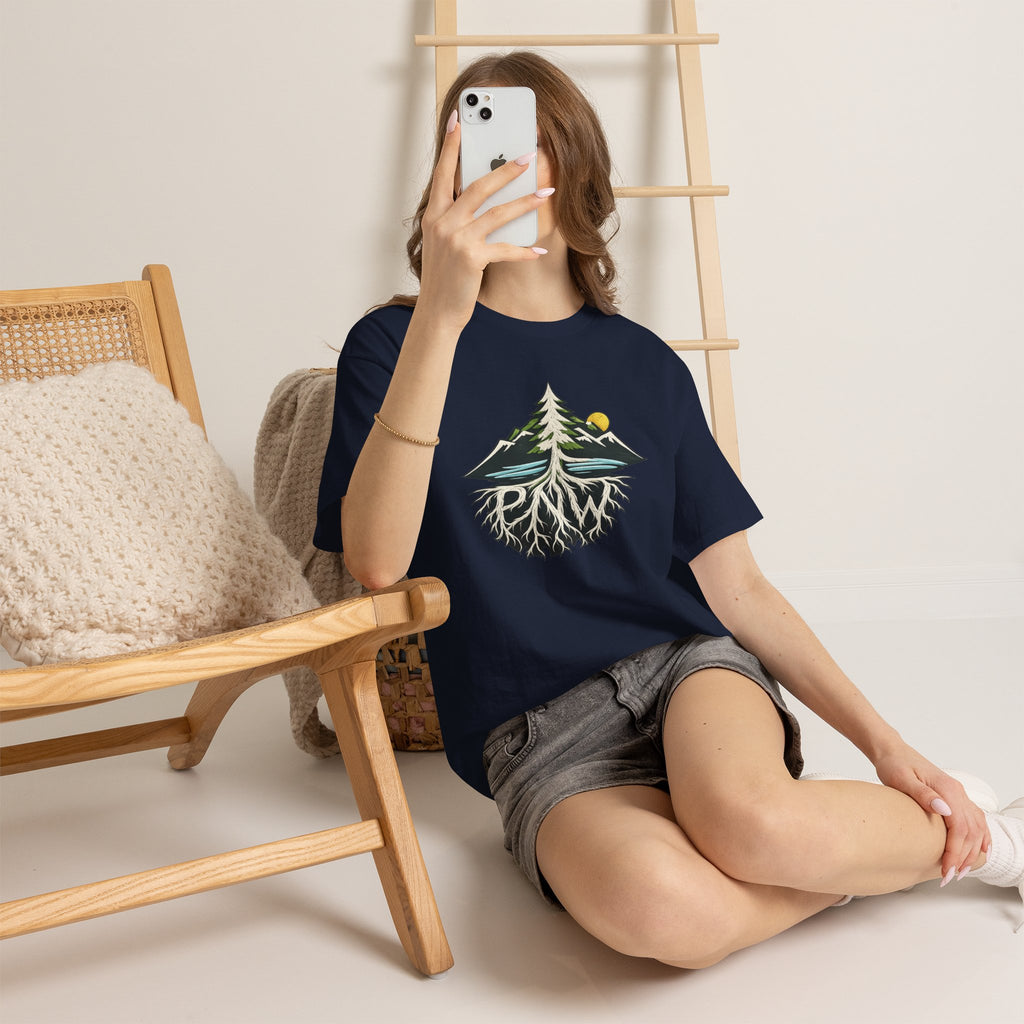 Tree & Roots Mountain T-Shirt — "Rooted in the Pacific Northwest" Nature Graphic Tee