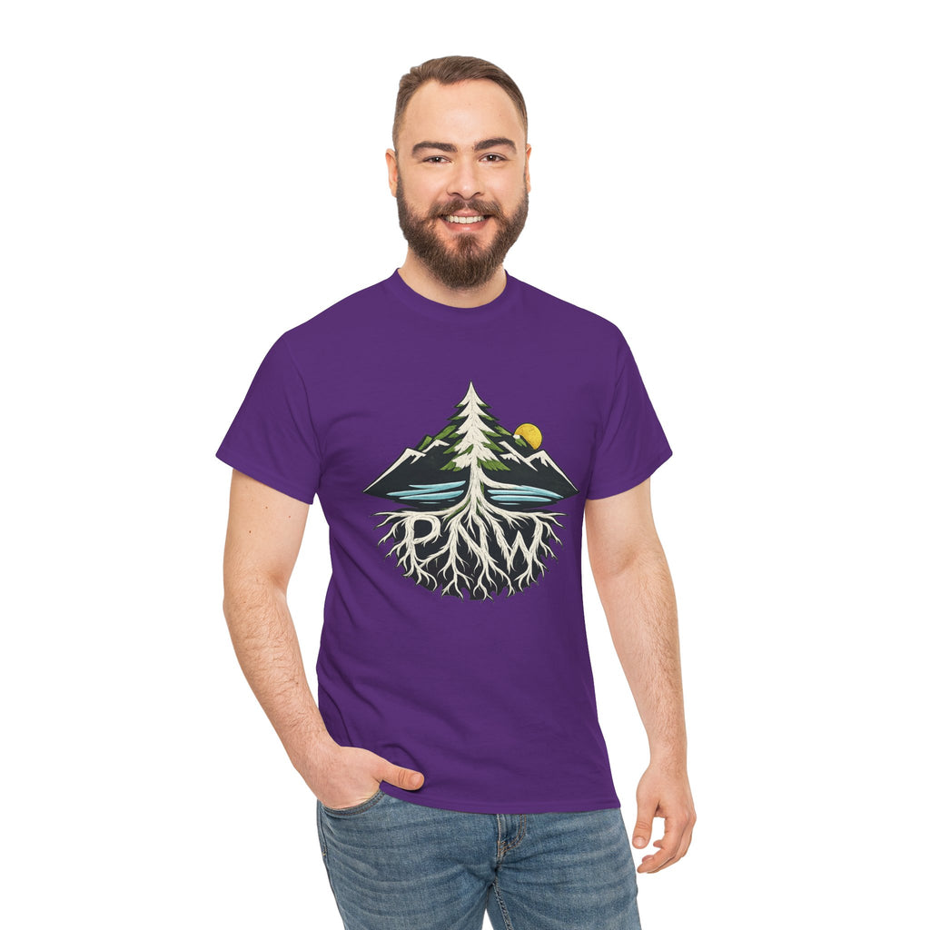 Tree & Roots Mountain T-Shirt — "Rooted in the Pacific Northwest" Nature Graphic Tee