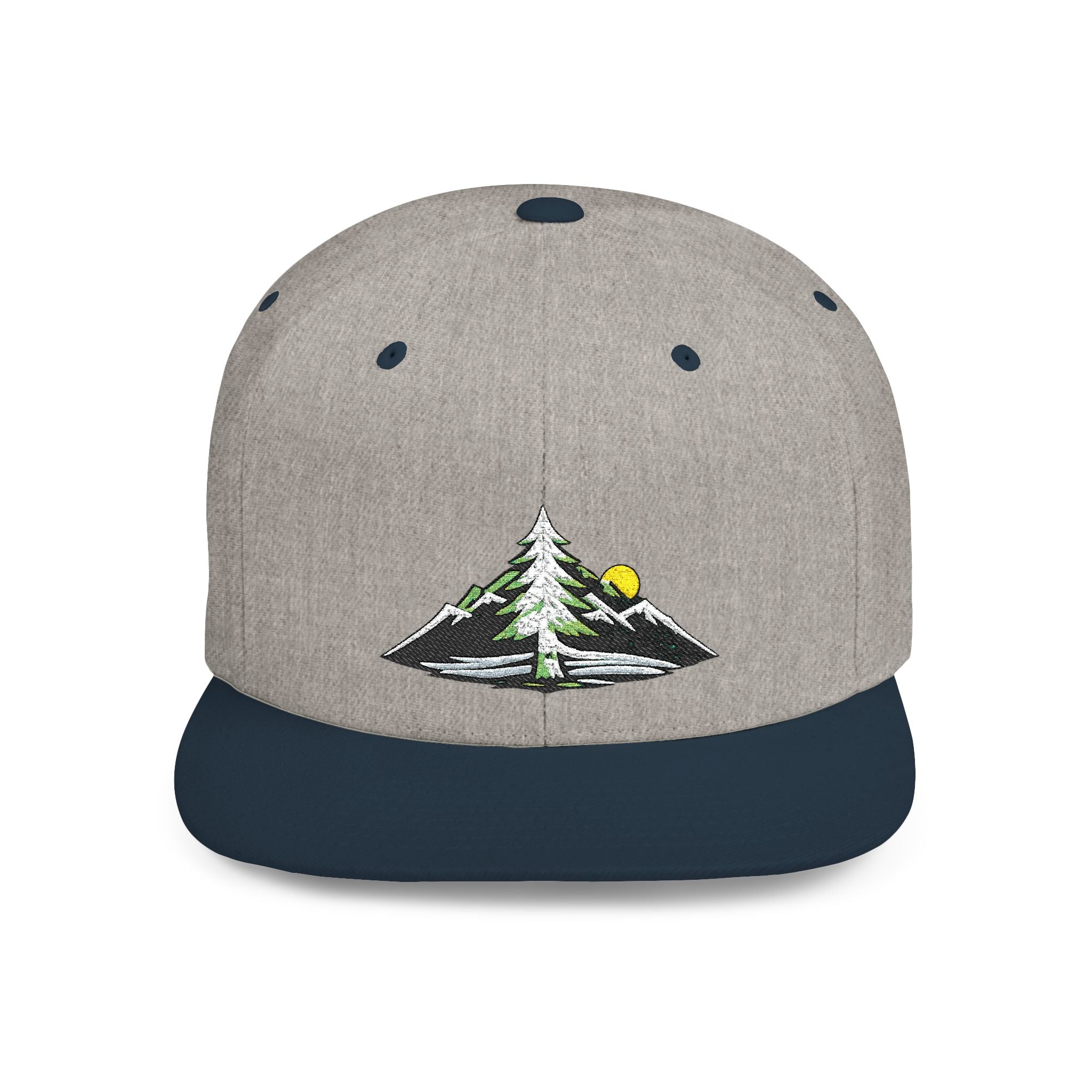 Mountain Sunrise Snapback Hat — Embroidered Pine & Sunrise Flat Bill