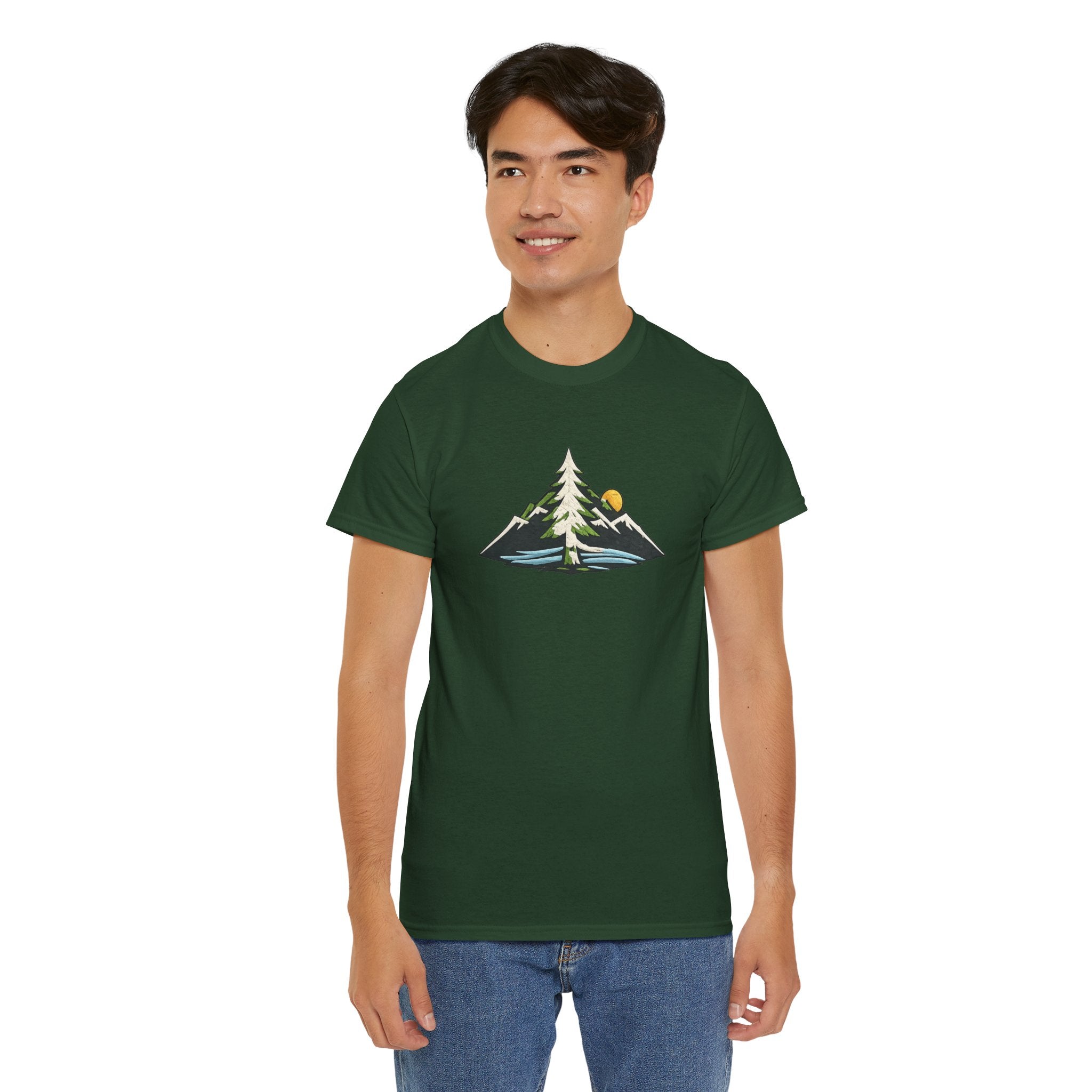Pacific Northwest Mountain & Tree Tee — Minimal Nature Scenic Shirt