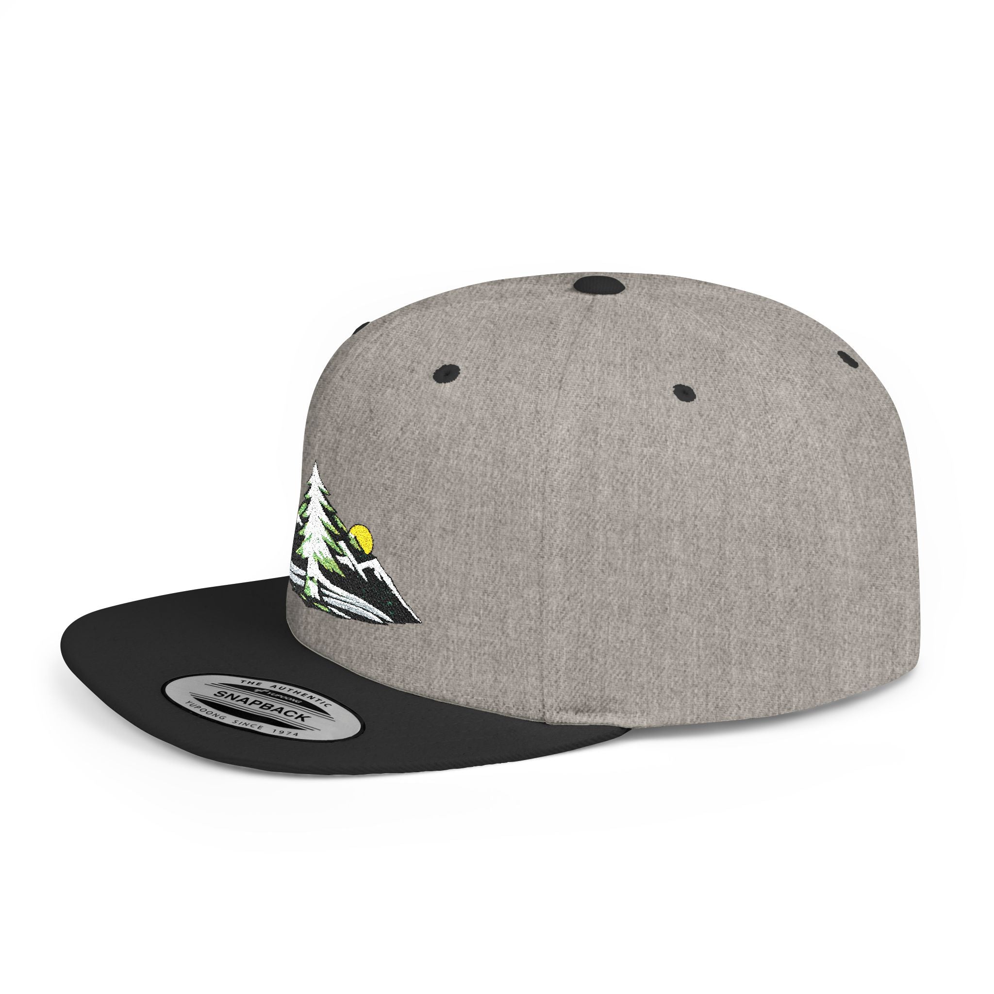 Mountain Sunrise Snapback Hat — Embroidered Pine & Sunrise Flat Bill