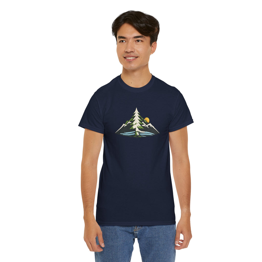 Pacific Northwest Mountain & Tree Tee — Minimal Nature Scenic Shirt