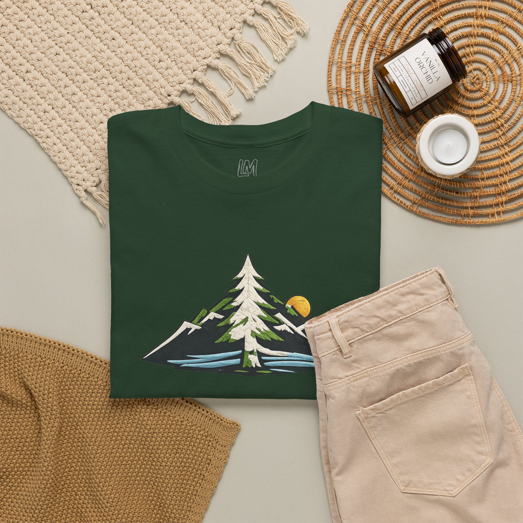 Pacific Northwest Mountain & Tree Tee — Minimal Nature Scenic Shirt