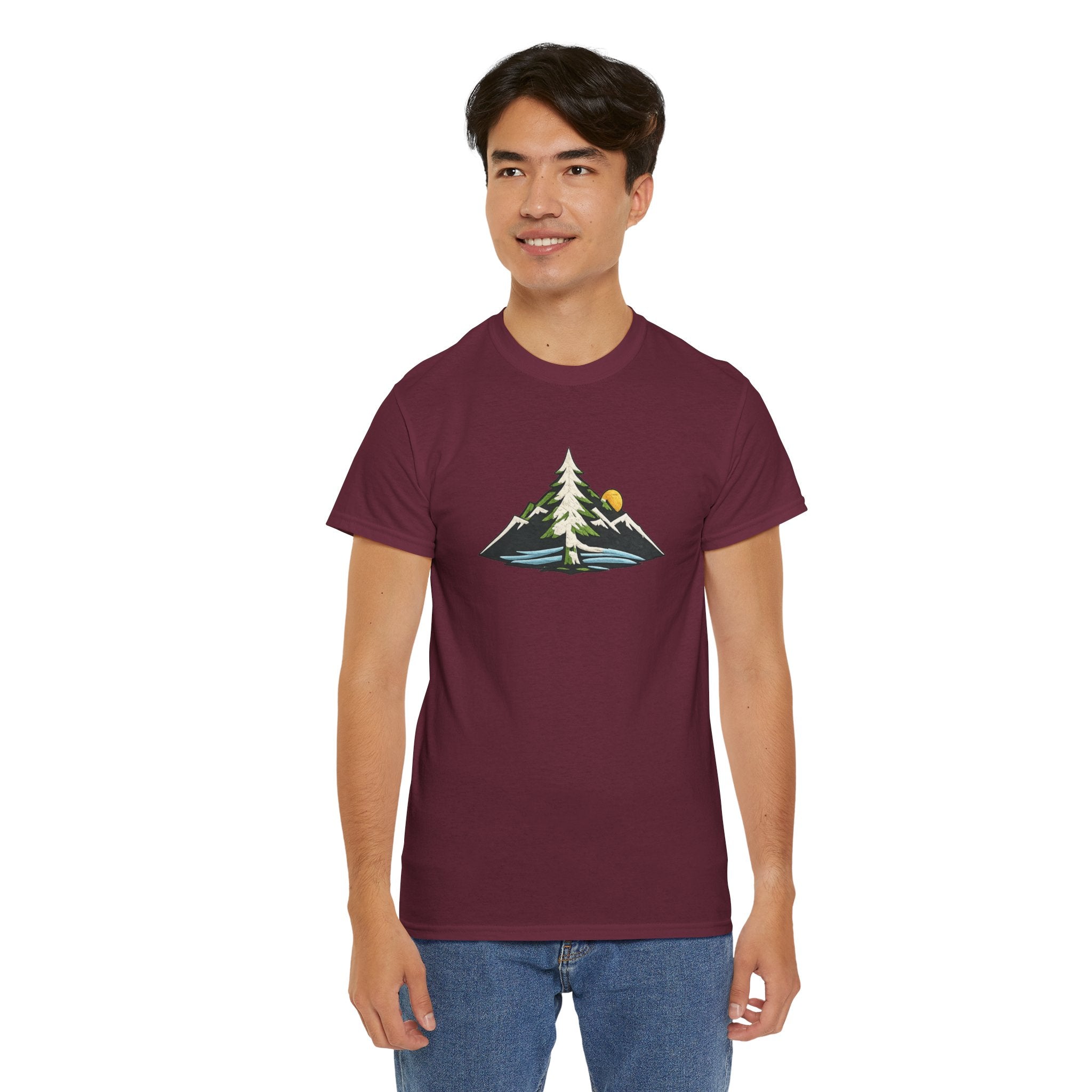 Pacific Northwest Mountain & Tree Tee — Minimal Nature Scenic Shirt