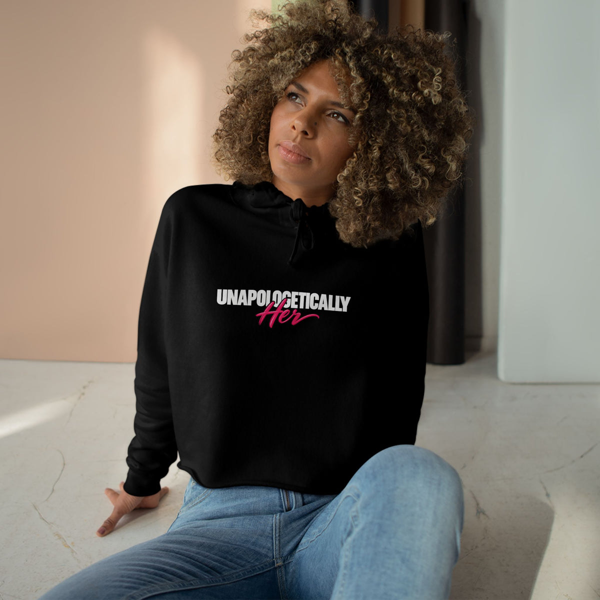Cropped Hoodie — 'Unapologetically Her' Graphic Crop Hoodie with Back Logo