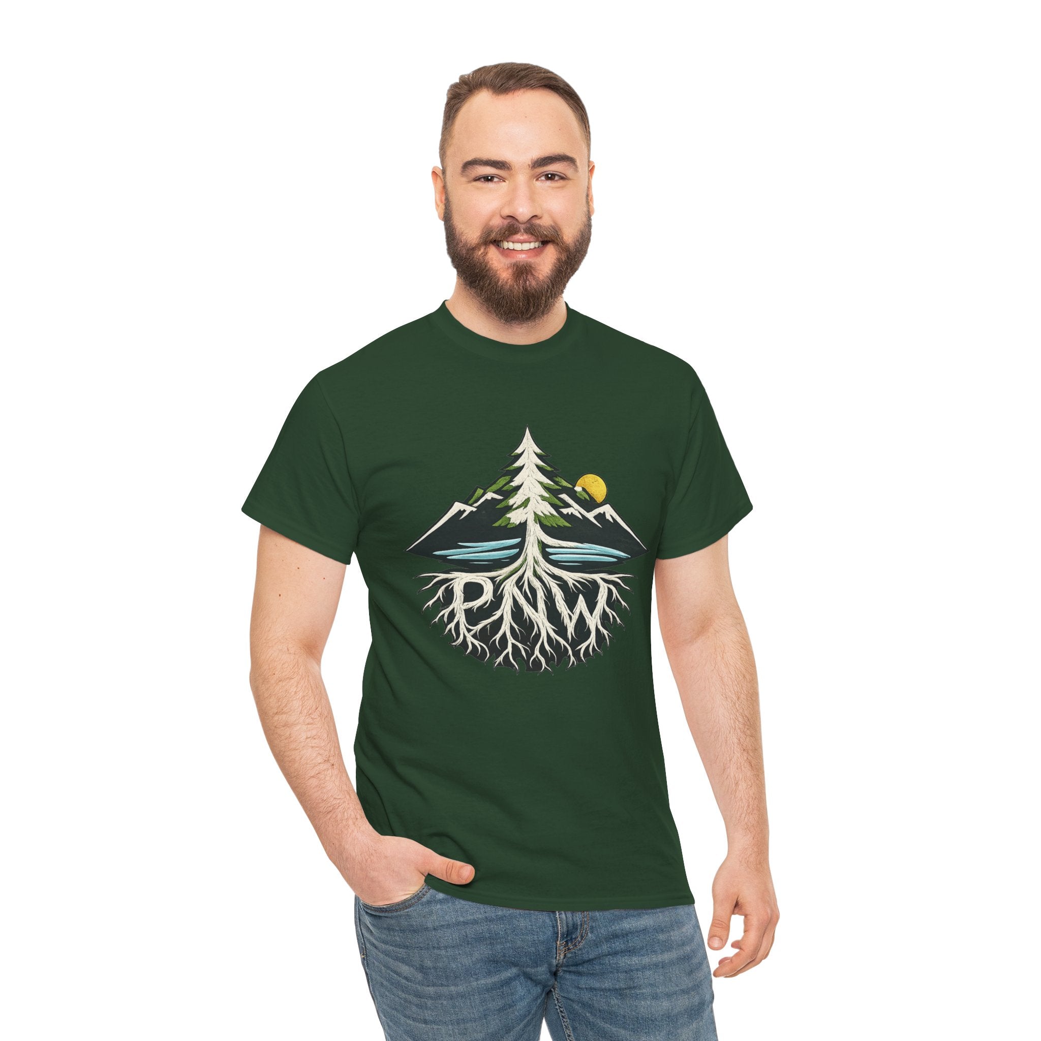 Tree & Roots Mountain T-Shirt — "Rooted in the Pacific Northwest" Nature Graphic Tee