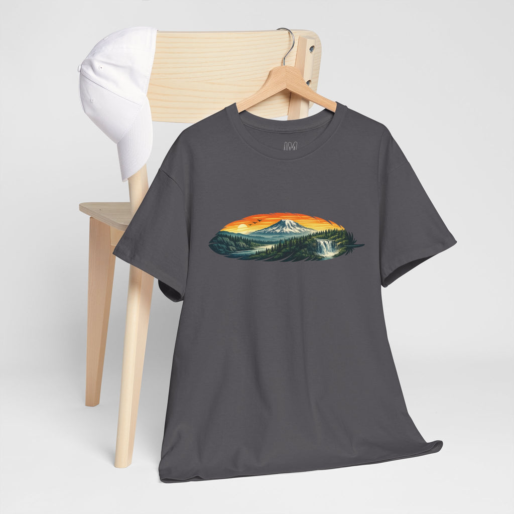 Mount Rainier & Snoqualmie Falls Sunset T-Shirt — Scenic Mountain Landscape Tee