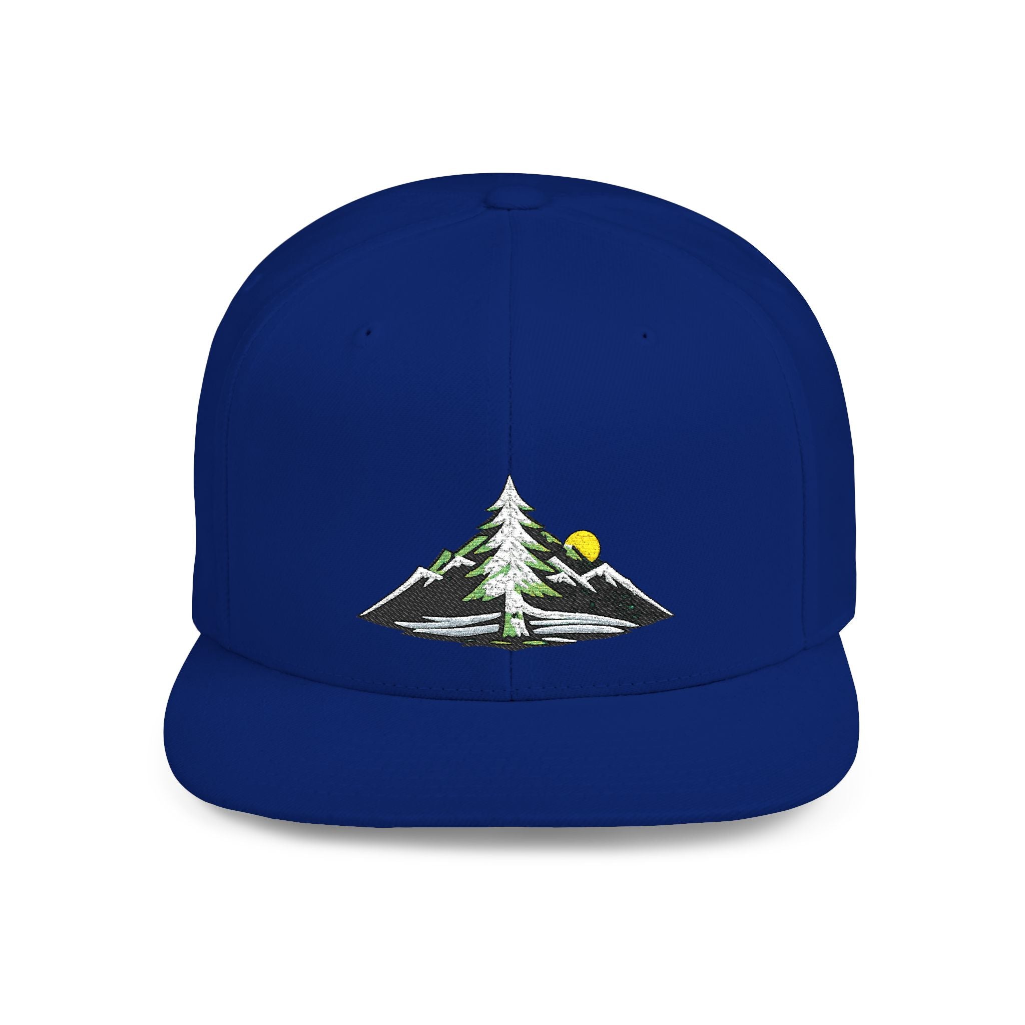 Mountain Sunrise Snapback Hat — Embroidered Pine & Sunrise Flat Bill