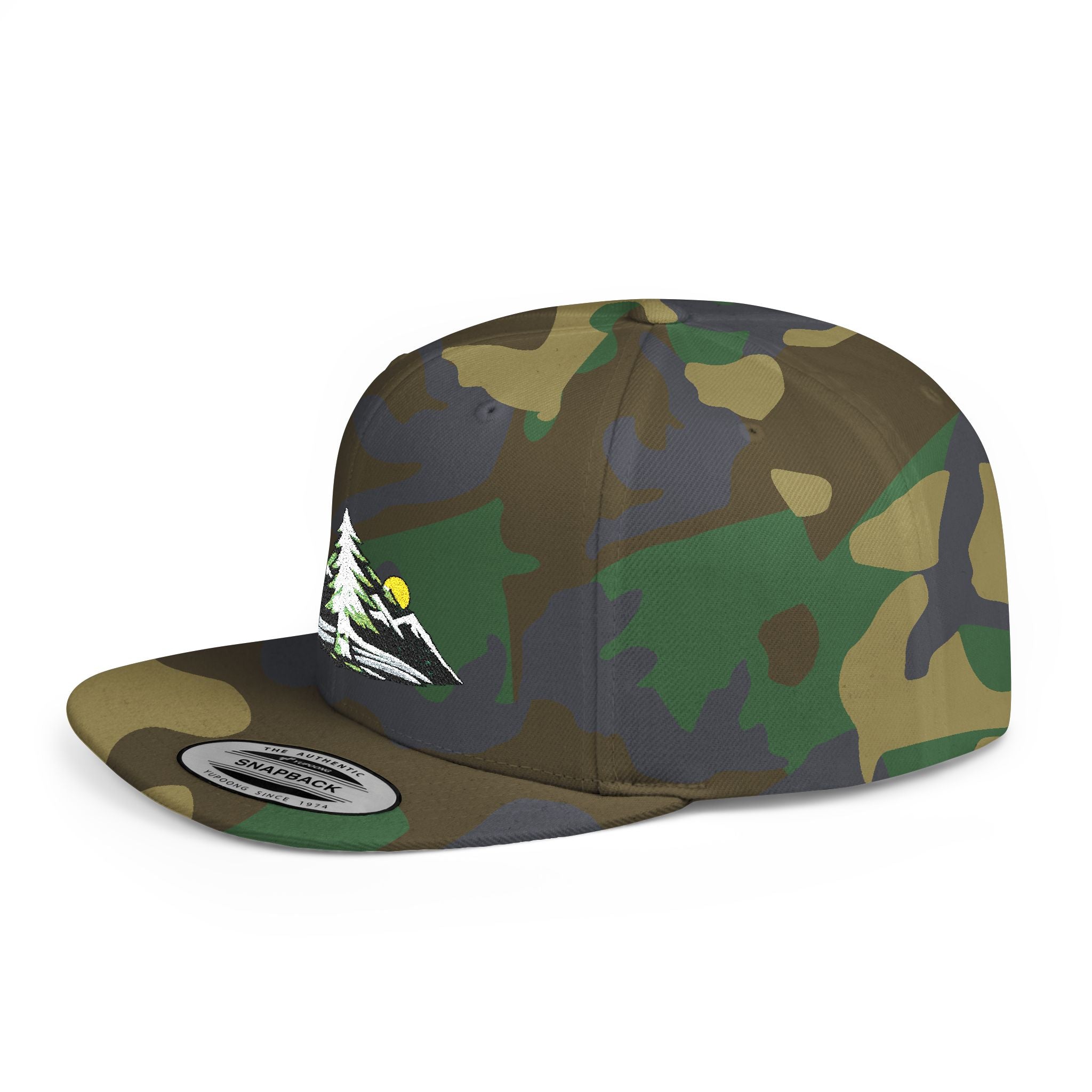 Mountain Sunrise Snapback Hat — Embroidered Pine & Sunrise Flat Bill