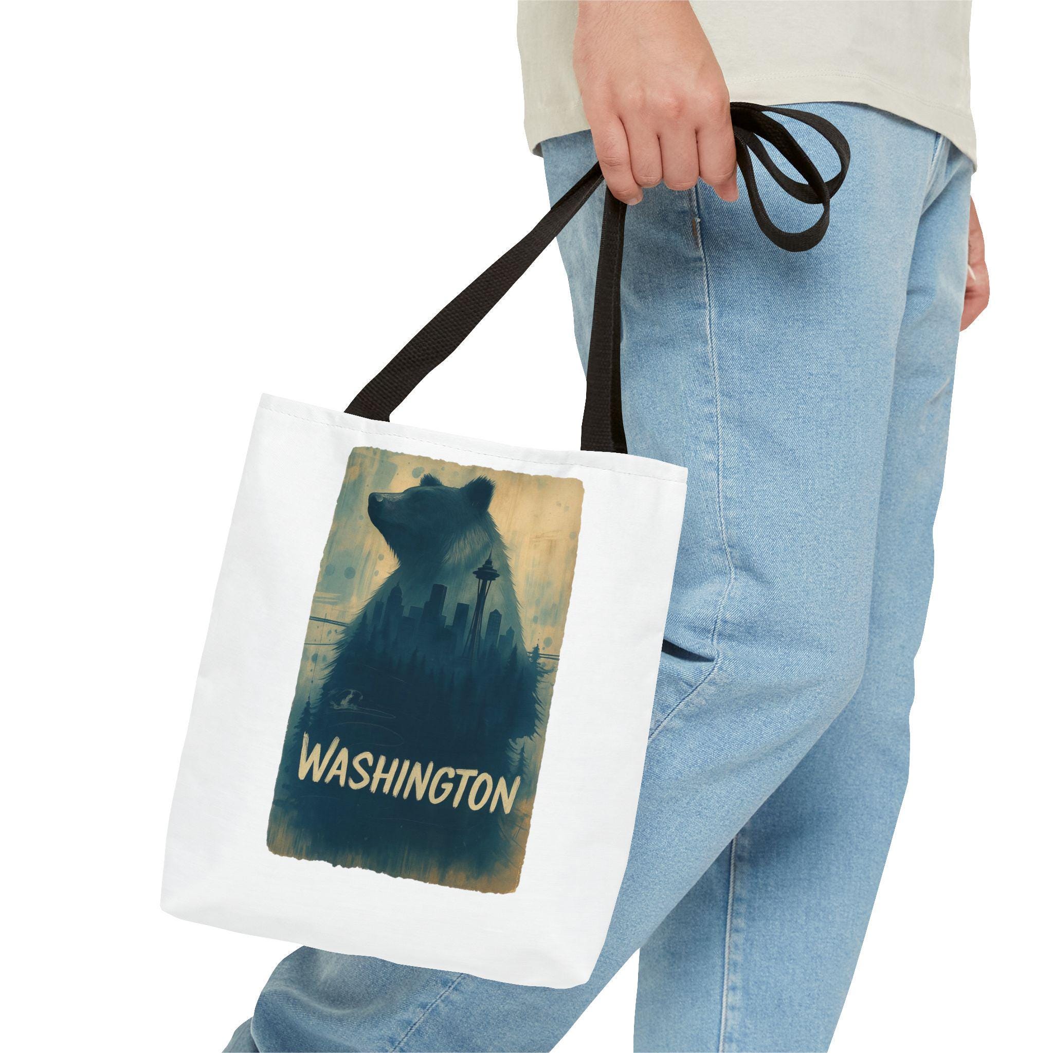 Washington Bear Skyline Tote Bag | Seattle Space Needle City Silhouette
