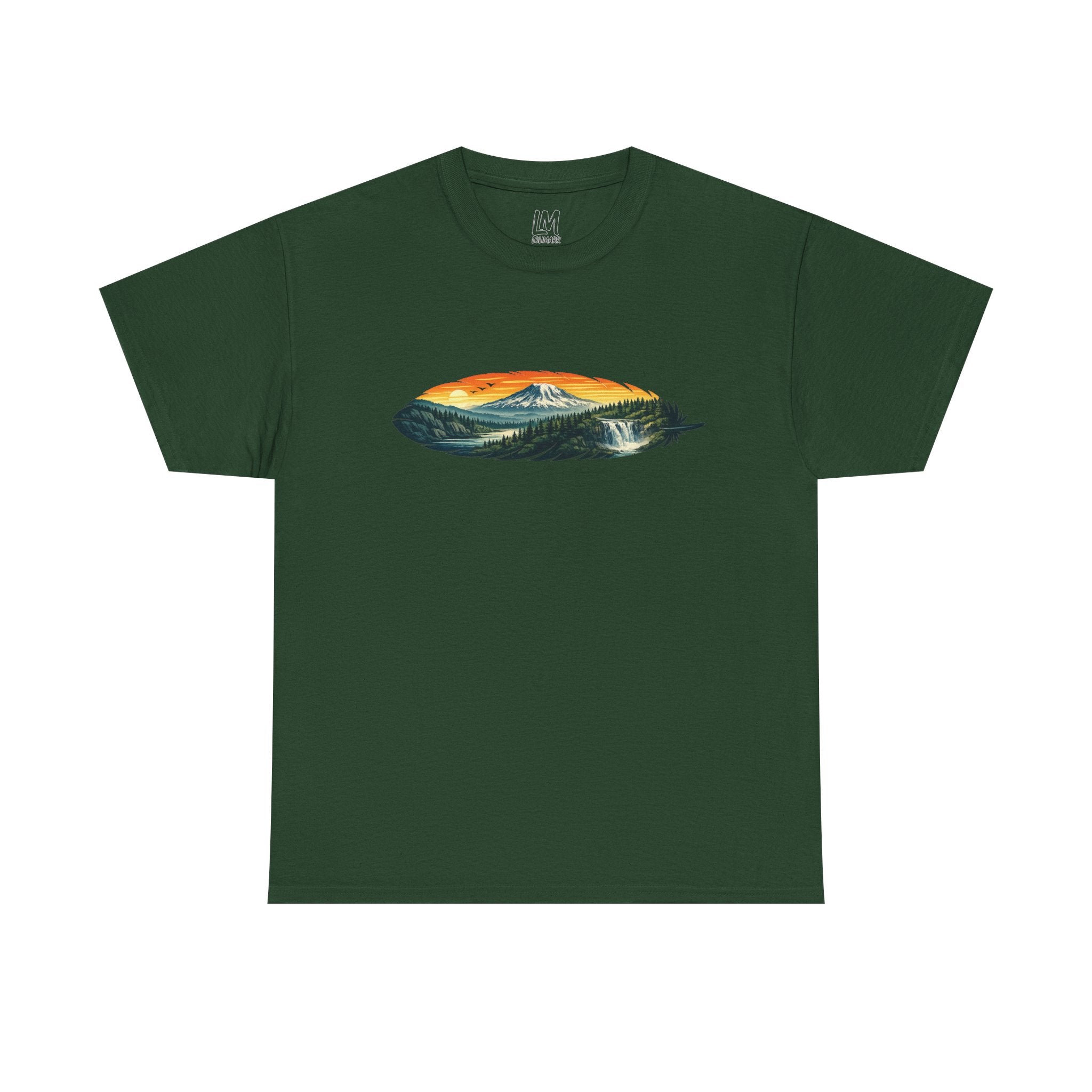 Mount Rainier & Snoqualmie Falls Sunset T-Shirt — Scenic Mountain Landscape Tee