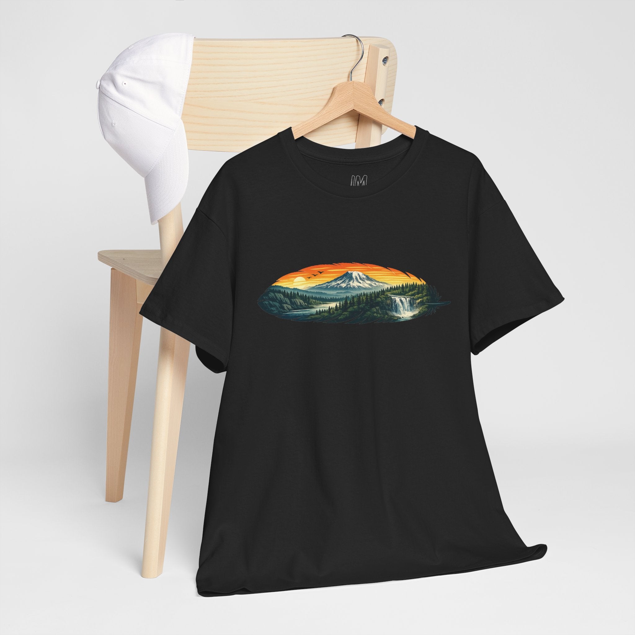 Mount Rainier & Snoqualmie Falls Sunset T-Shirt — Scenic Mountain Landscape Tee