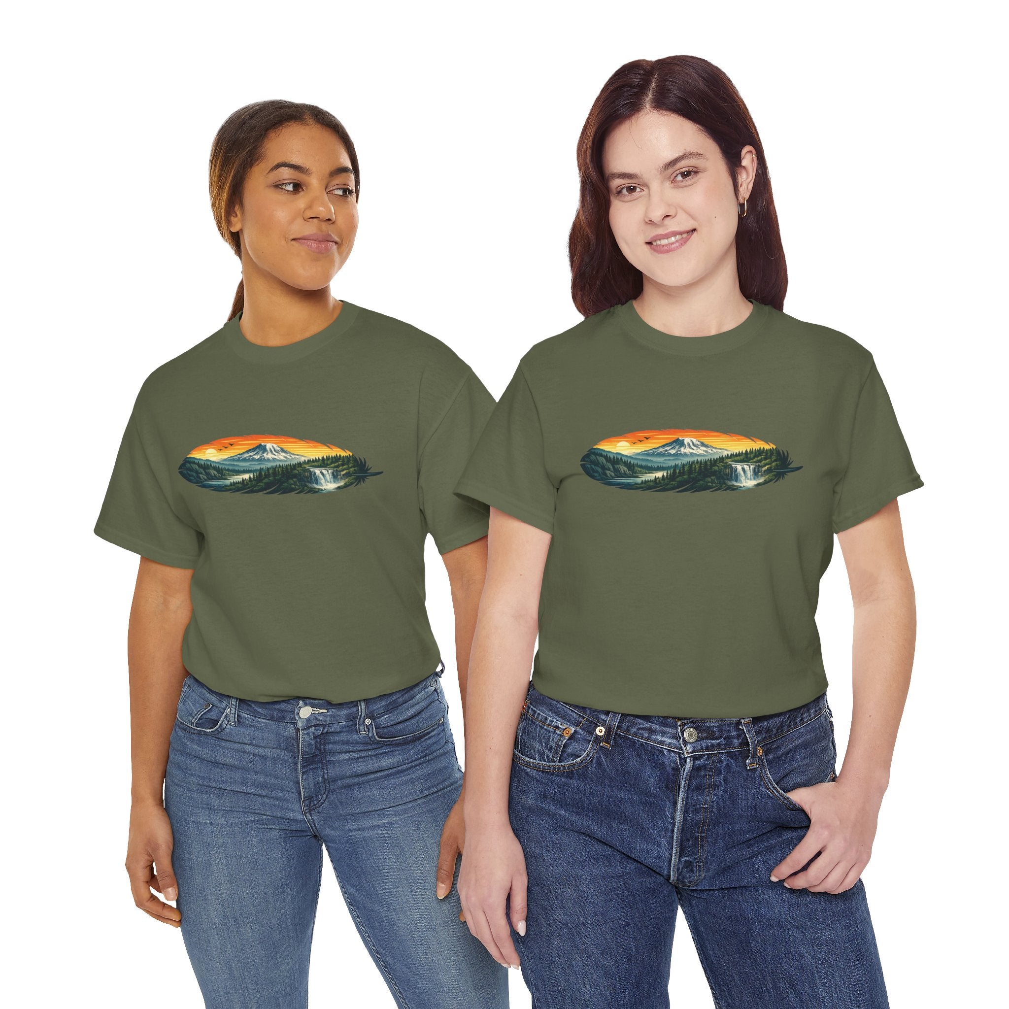 Mount Rainier & Snoqualmie Falls Sunset T-Shirt — Scenic Mountain Landscape Tee