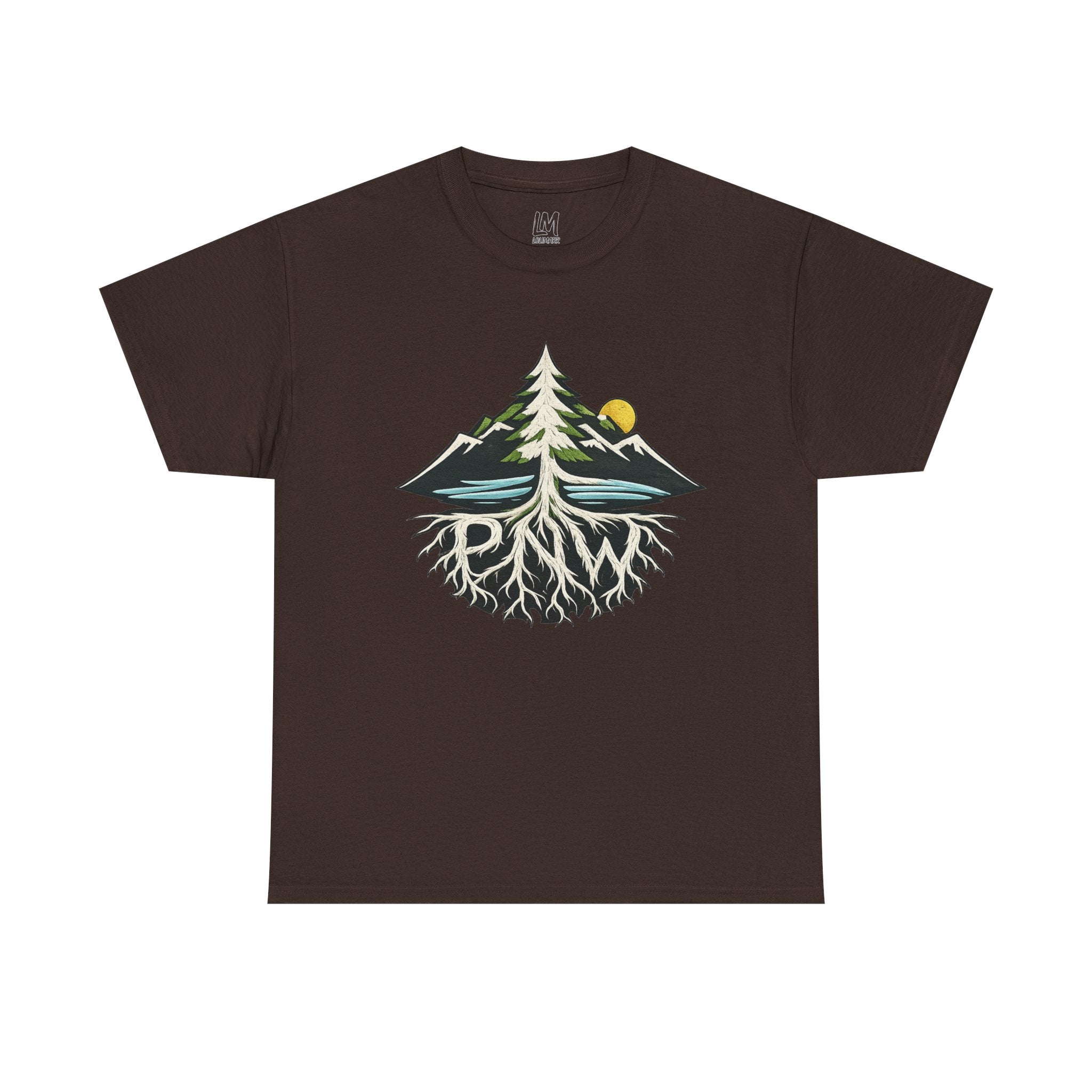 Tree & Roots Mountain T-Shirt — "Rooted in the Pacific Northwest" Nature Graphic Tee